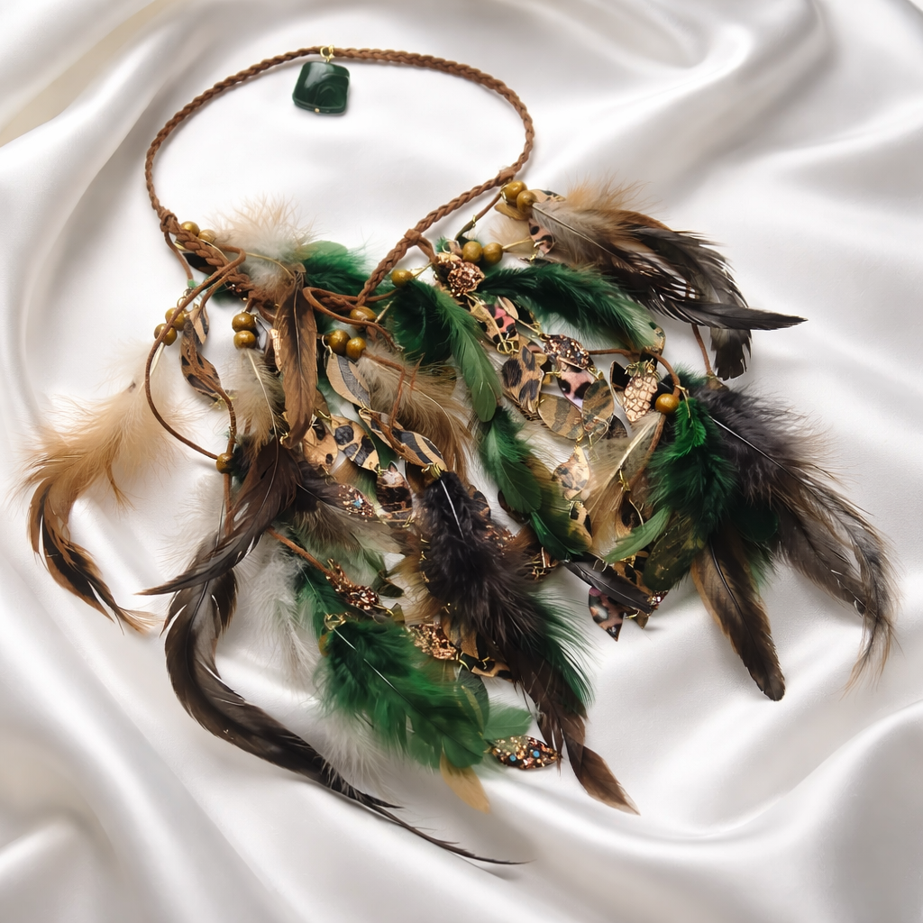 Mandy - Green Animal Print Feather Headpiece - Shop Moxxc