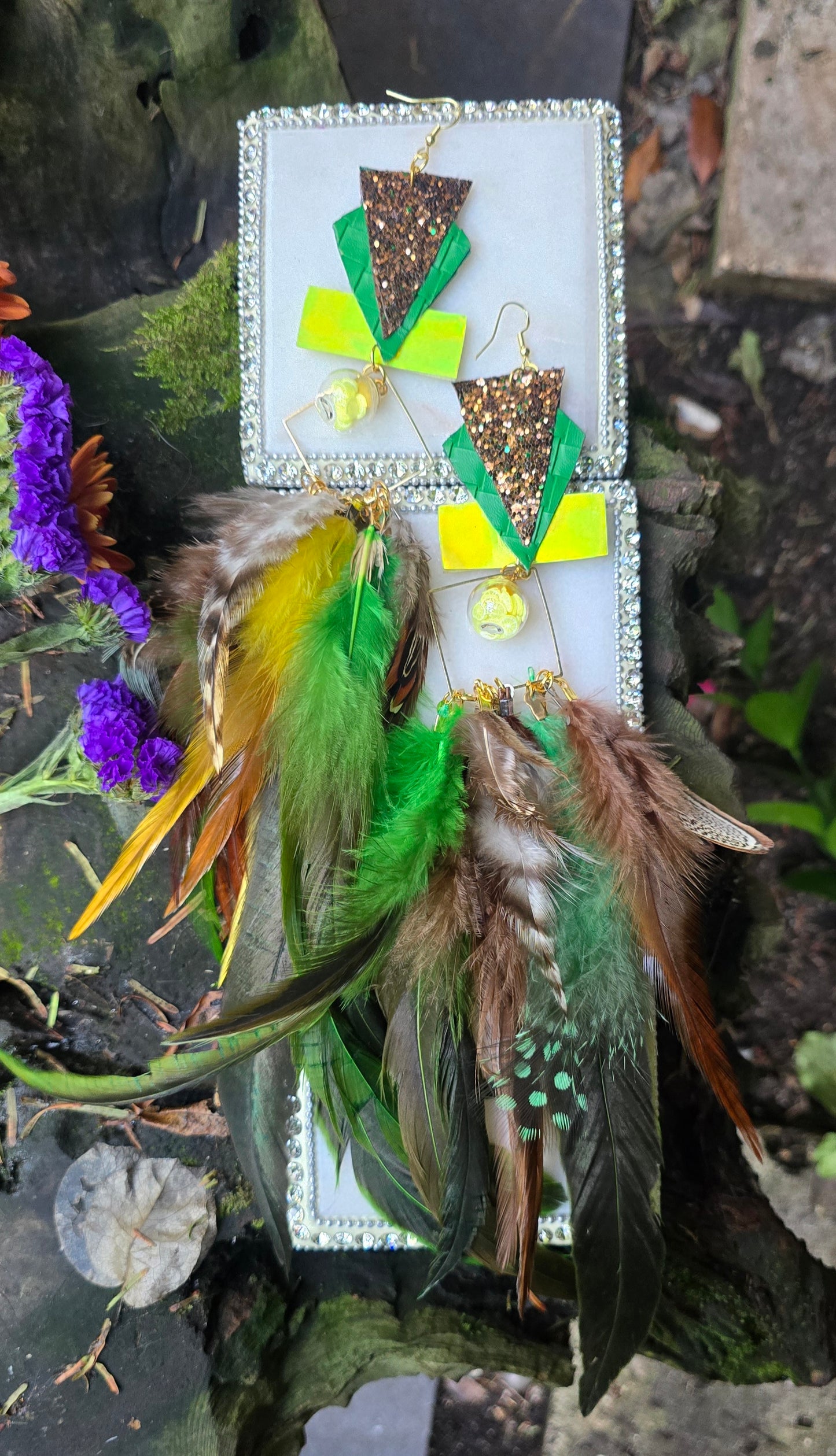 Diane - Green Statement Festival Feather Earrings - Shop Moxxc