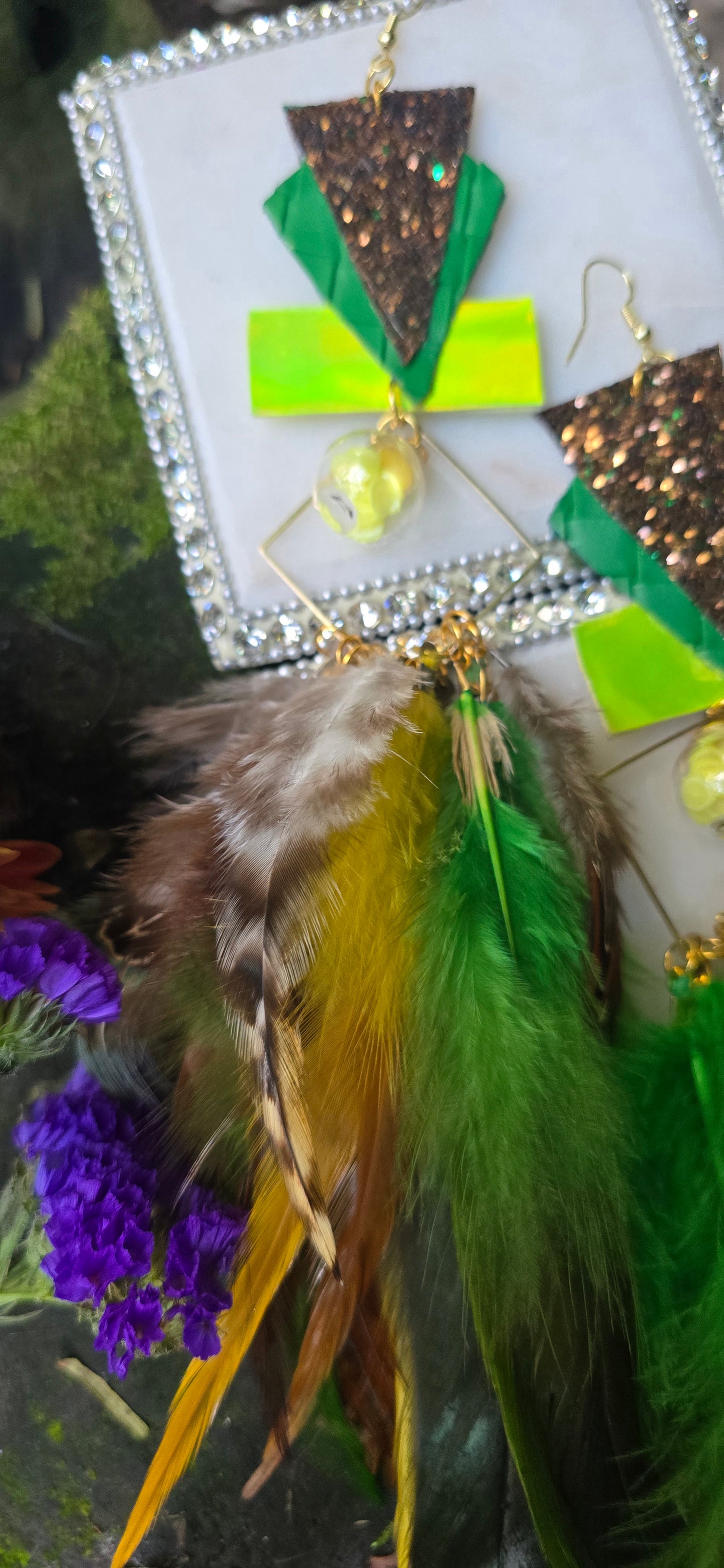 Diane - Green Statement Festival Feather Earrings - Shop Moxxc