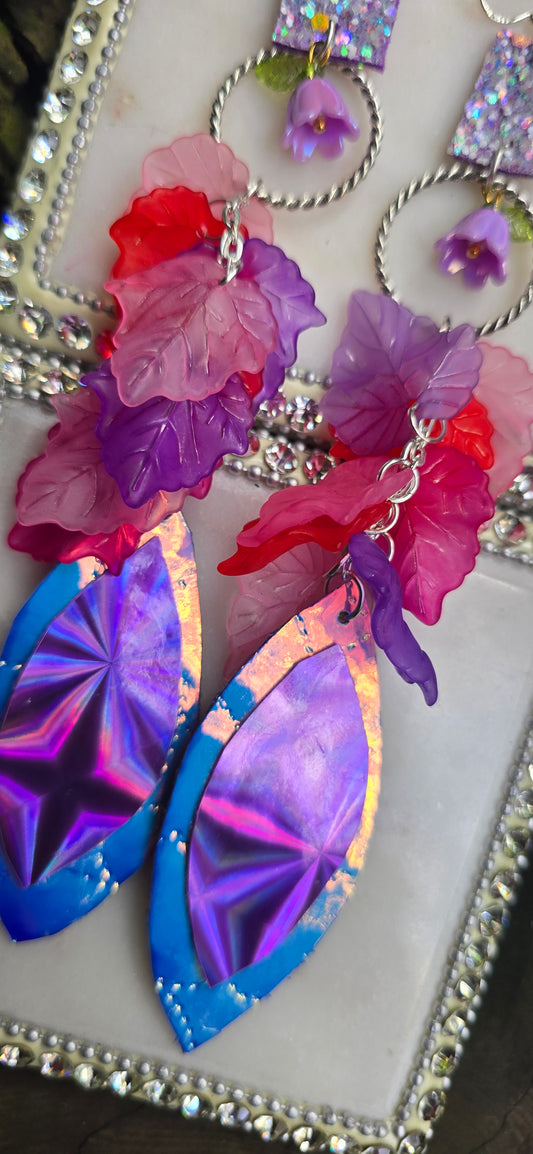 Anya - Purple Pink Leaf Teardrop Chandelier Earrings - Shop Moxxc