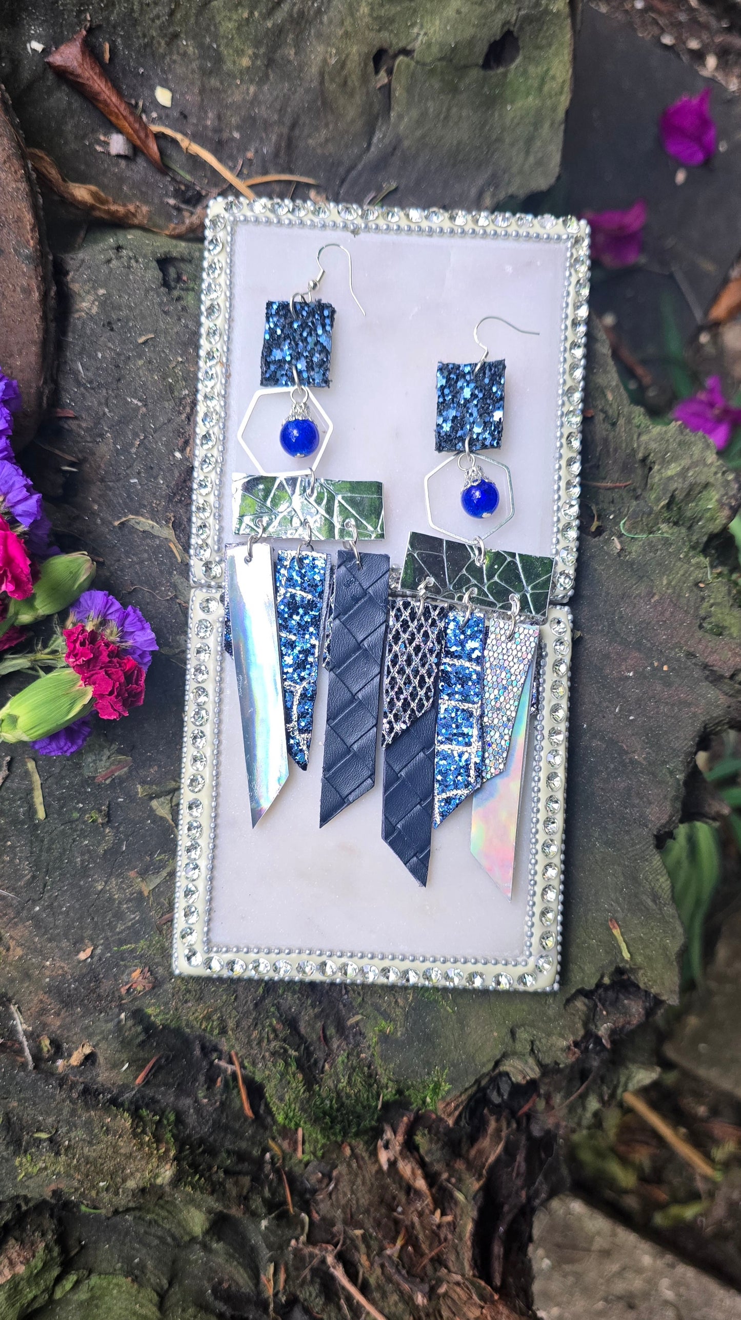 Jeanette - Blue Fringe Glittery Earrings - Shop Moxxc