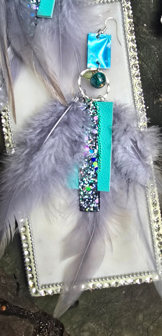 Paula - Sparkly Turquoise Feather Earrings - Shop Moxxc