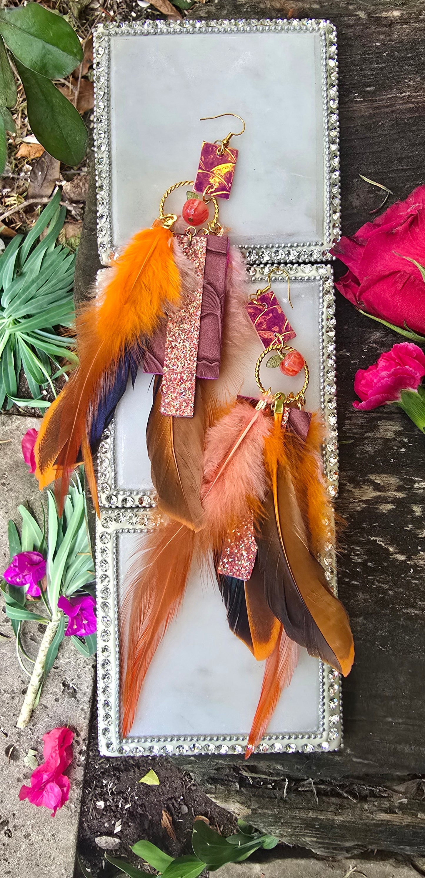 Elyse - Orange Boho Feather Earrings - Shop Moxxc