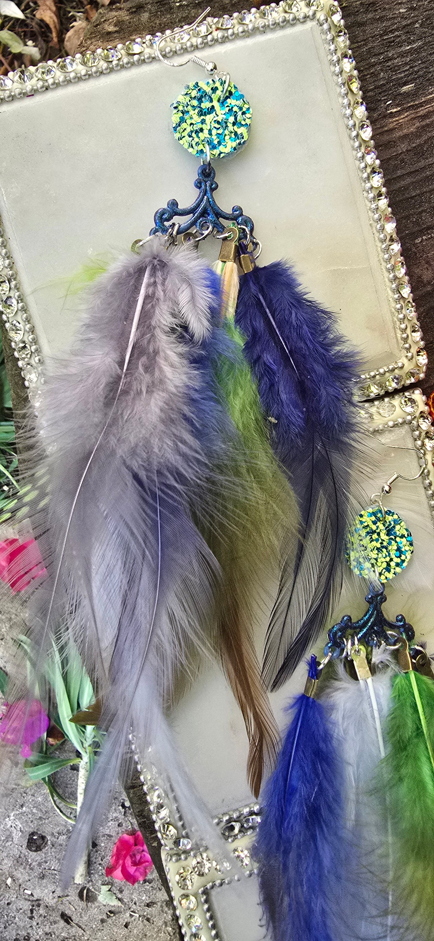 Hilary - Blue Boho Festival Feather Earrings - Shop Moxxc