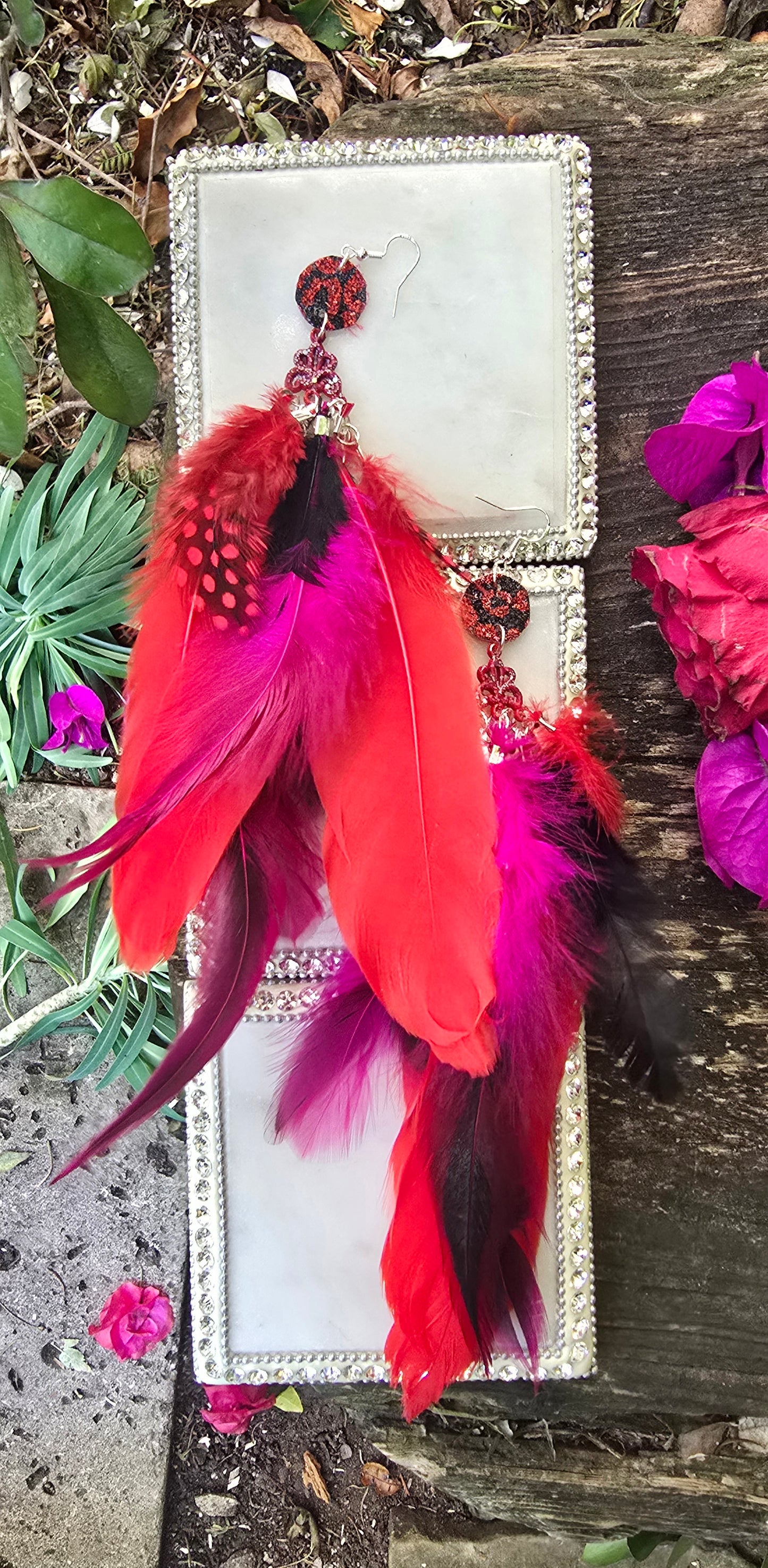 Angela - Red Bright Feather Earrings - Shop Moxxc