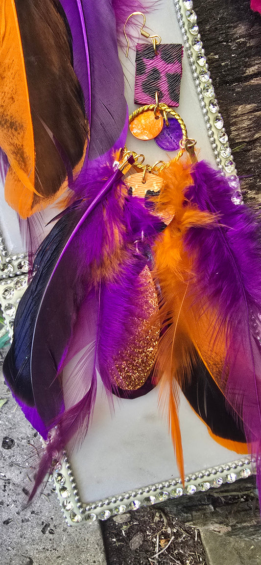 Lauren - Boho Purple Orange Feather Earrings - Shop Moxxc
