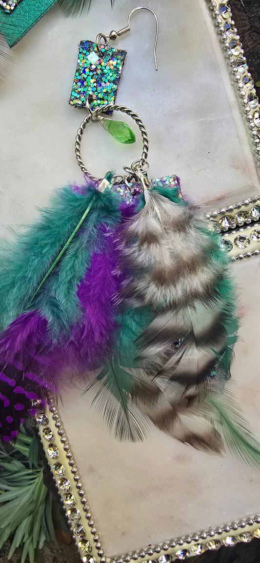 Marina - Turquoise Purple Feather Earrings - Shop Moxxc