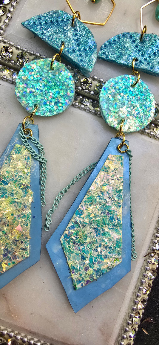 Yulia - Blue Geometric Long Dangle Earrings