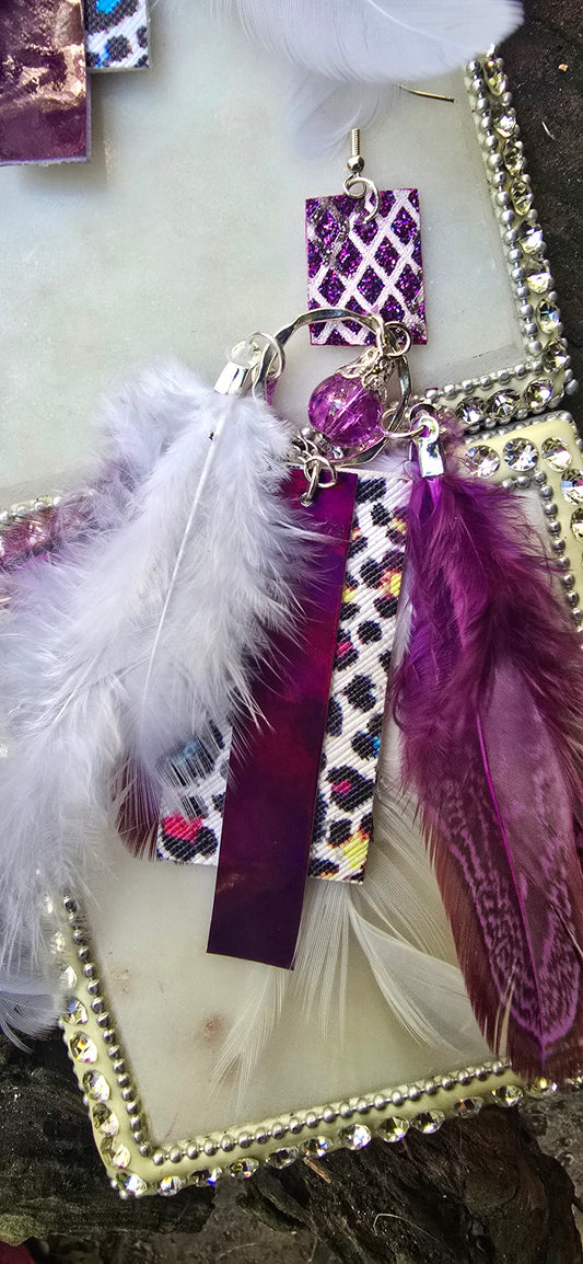 Cassidy - Purple Animal Print Feather Earrings - Shop Moxxc