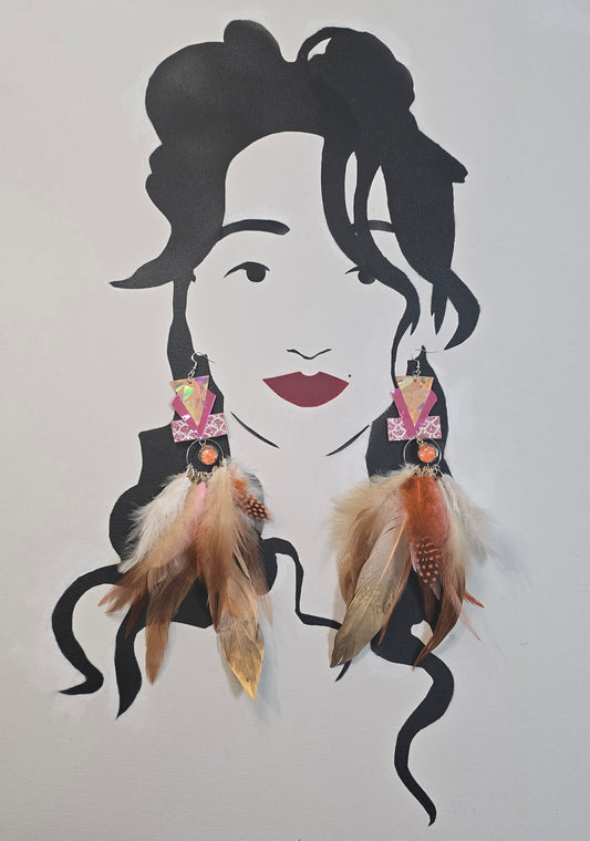 Gloria - Pink Statement Feather Earrings - Shop Moxxc