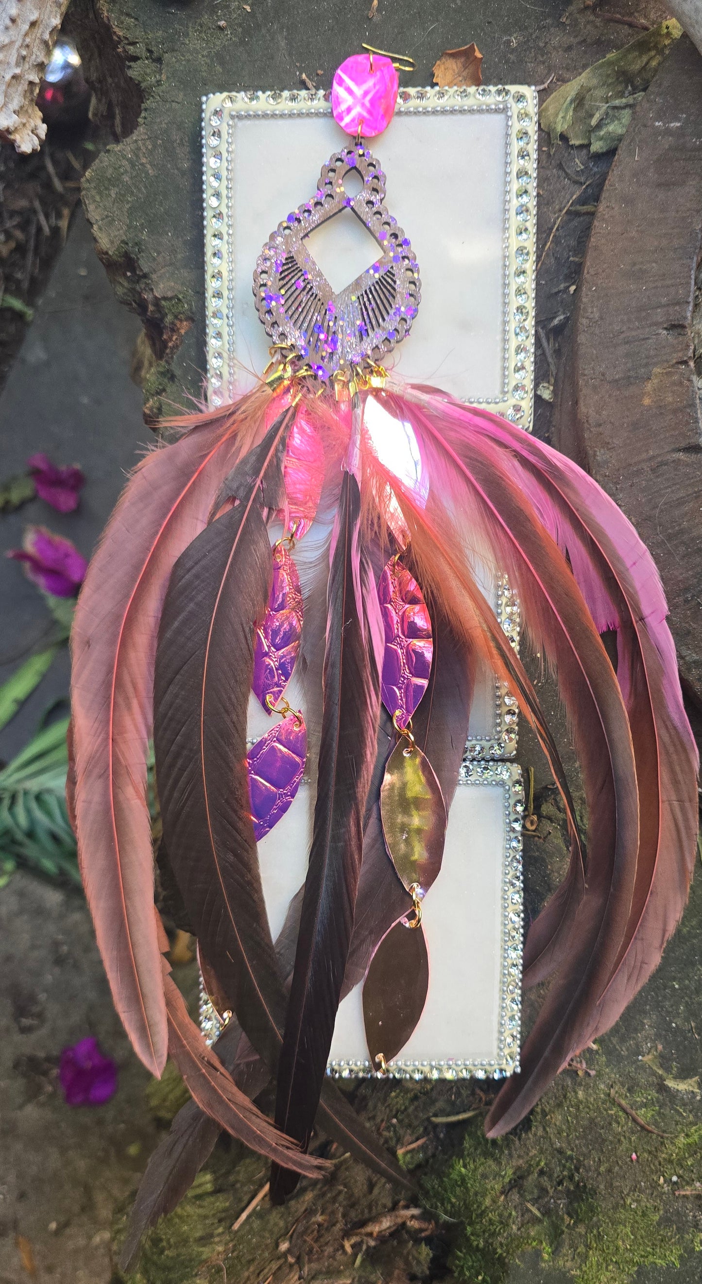 Kalina - Long Pink Festival Feather Earrings - Shop Moxxc
