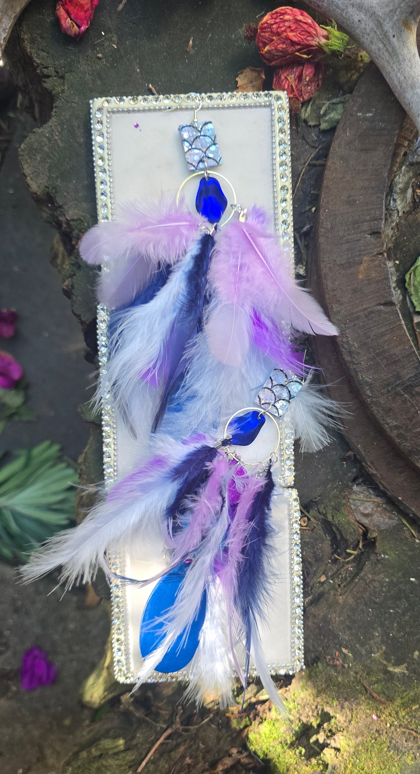 Molly - Purple Blue Boho Feather Earrings - Shop Moxxc
