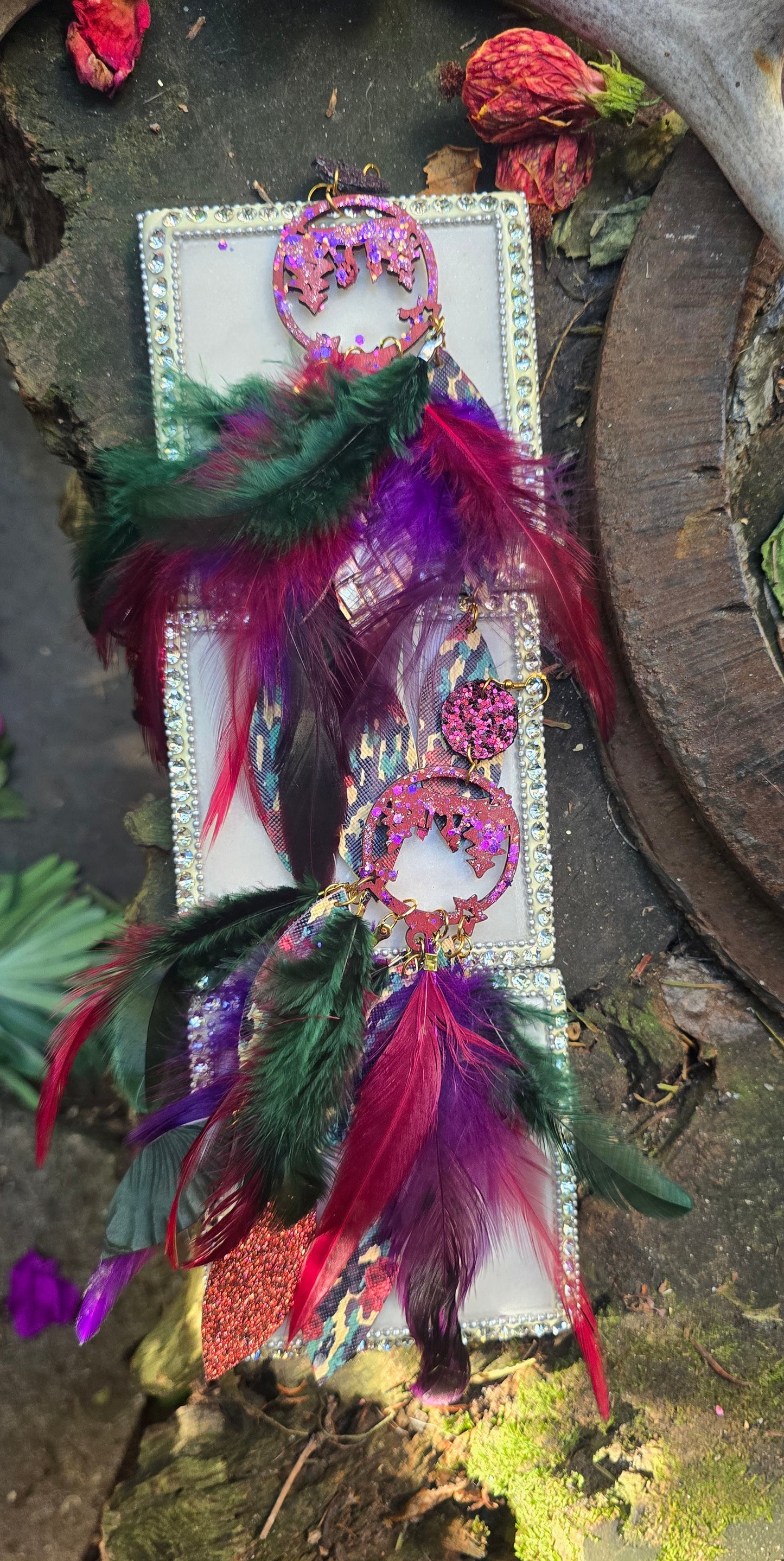Charlotte - Long Dark Red Boho Feather Earrings - Shop Moxxc