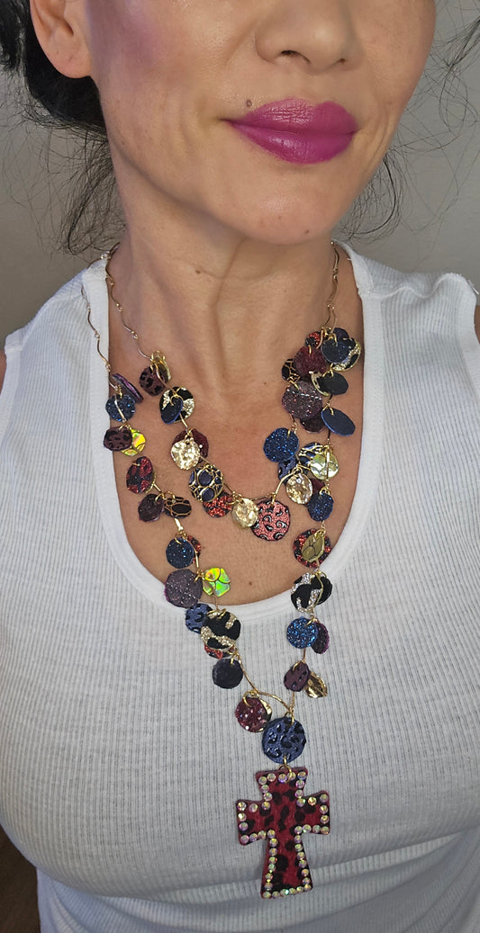 Traci - Animal Print Layered Cross Necklace - Shop Moxxc