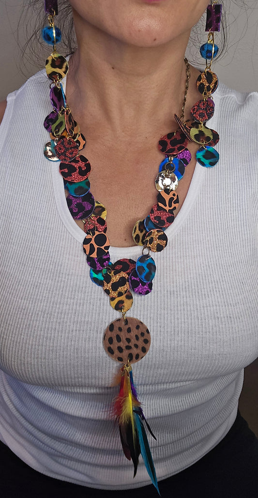 Jessica - Multicolored Animal Print Feather Necklace - Shop Moxxc