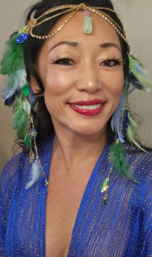 Tess - Blue Green Feather Hair Jewelry Headpiece - Shop Moxxc