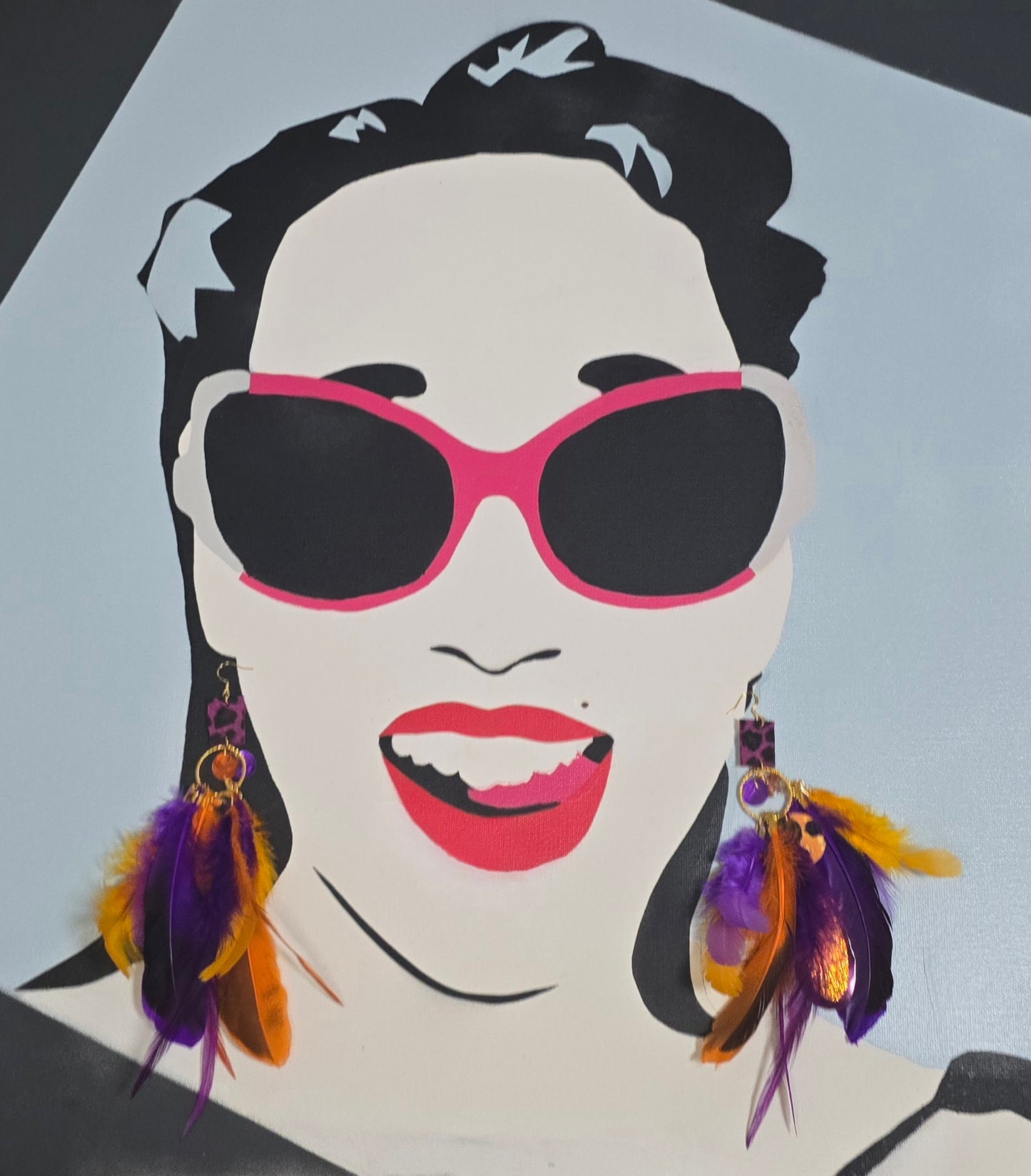 Renee - Purple Orange Animal Print Feather Earrings - Shop Moxxc