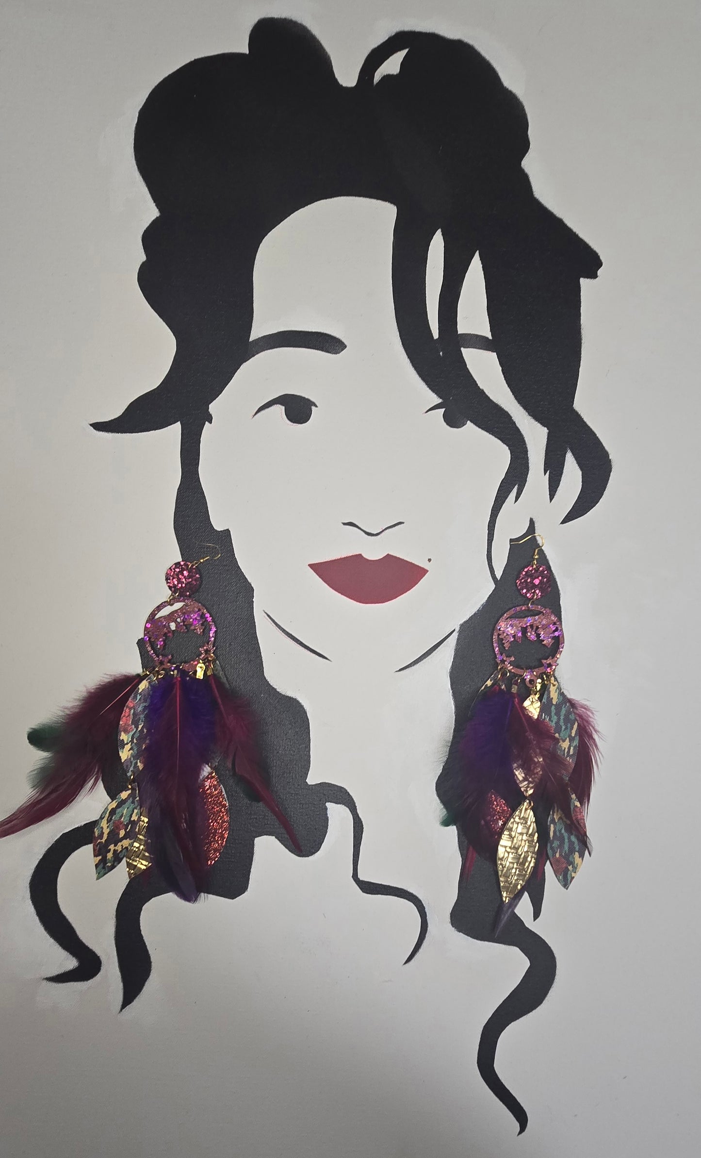 Charlotte - Long Dark Red Boho Feather Earrings - Shop Moxxc