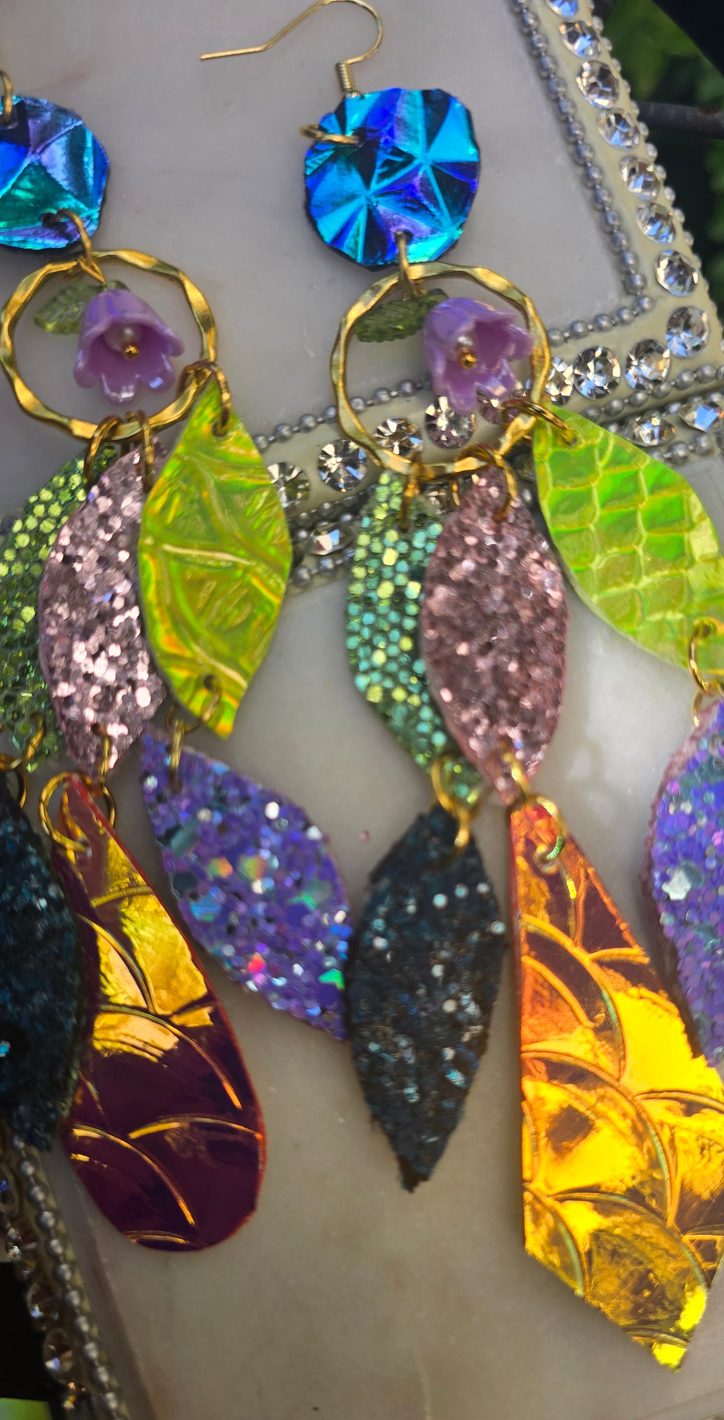Daniela - Multicolored Iridescent Geometric Chandelier Earrings - Shop Moxxc