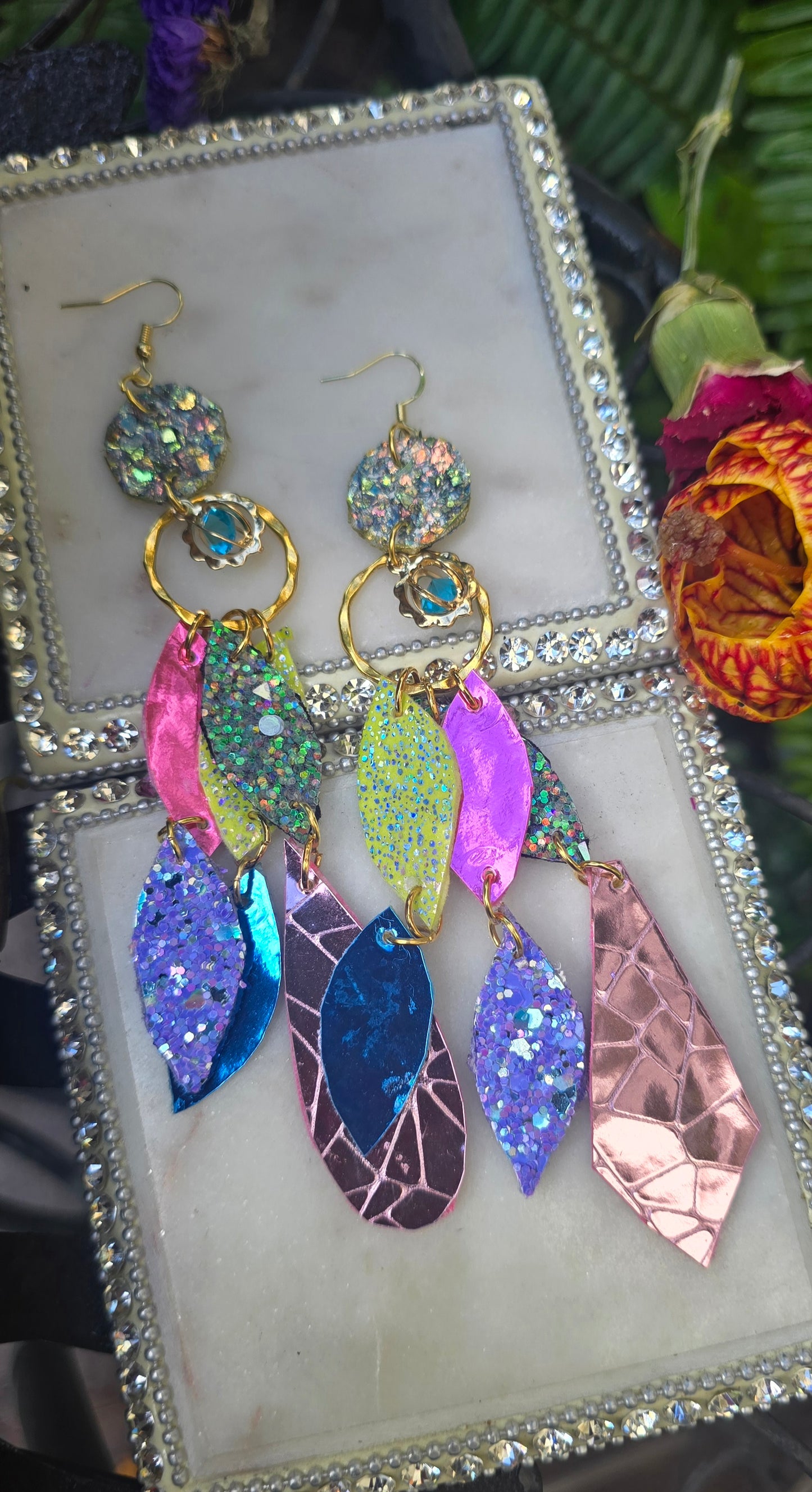 Claudia - Sparkly Pastel Geometric Chandelier Earrings - Shop Moxxc