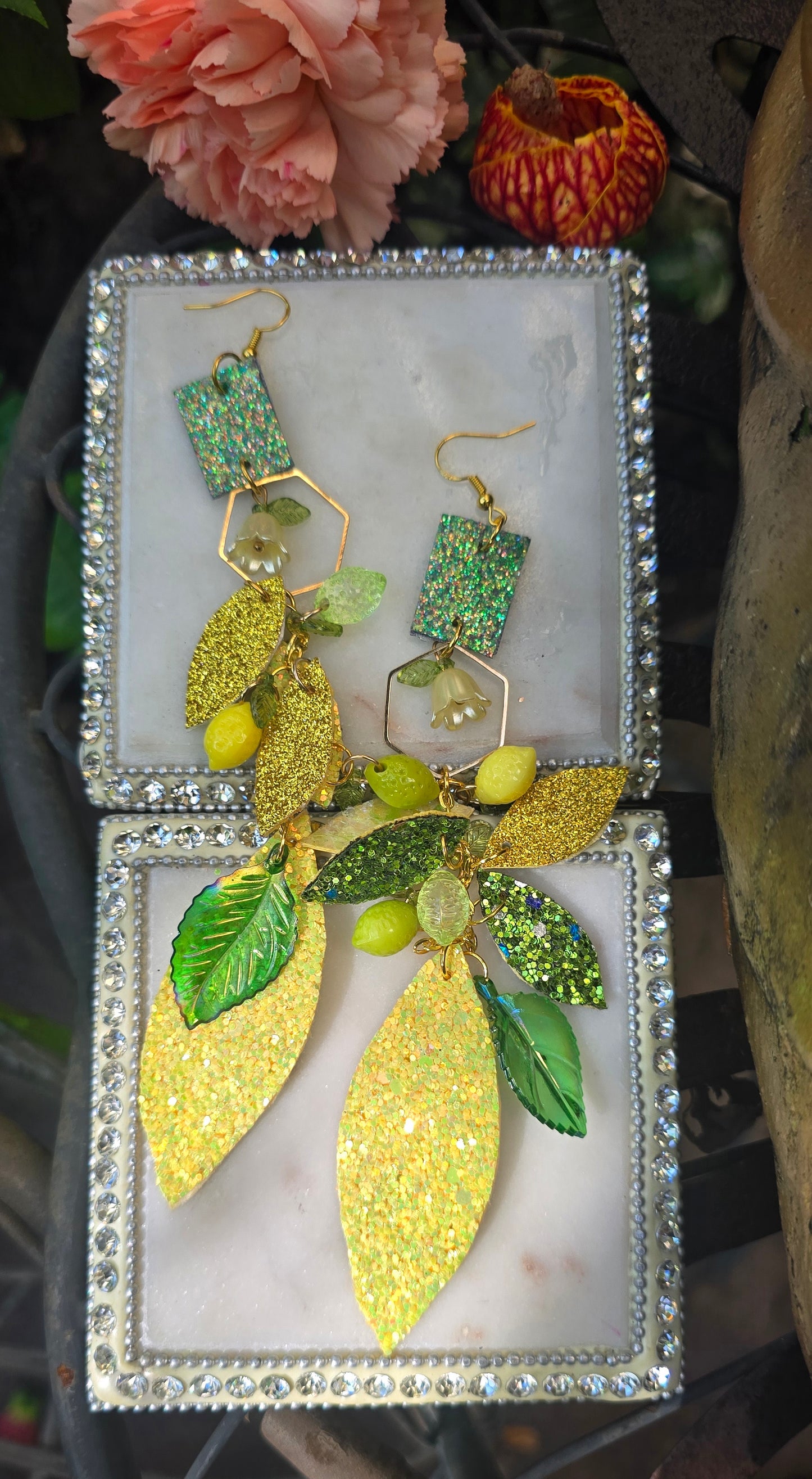Sarina - Yellow Lemon Lime Teardrop Chandelier Dangle Earrings - Shop Moxxc