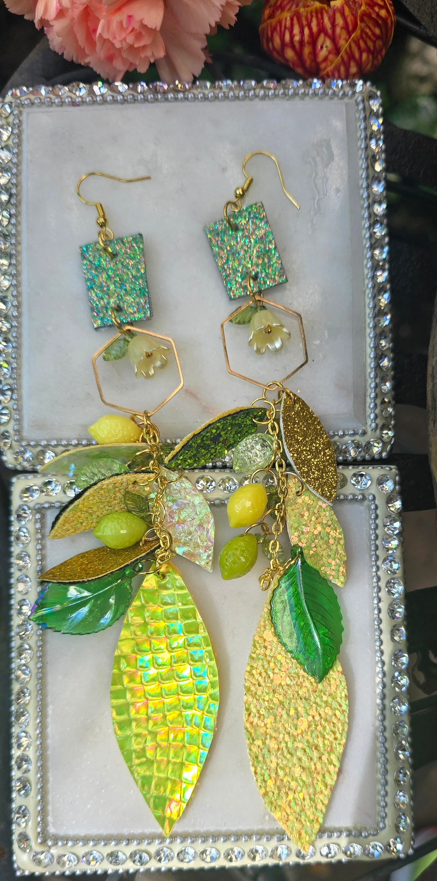 Sarina - Yellow Lemon Lime Teardrop Chandelier Dangle Earrings - Shop Moxxc