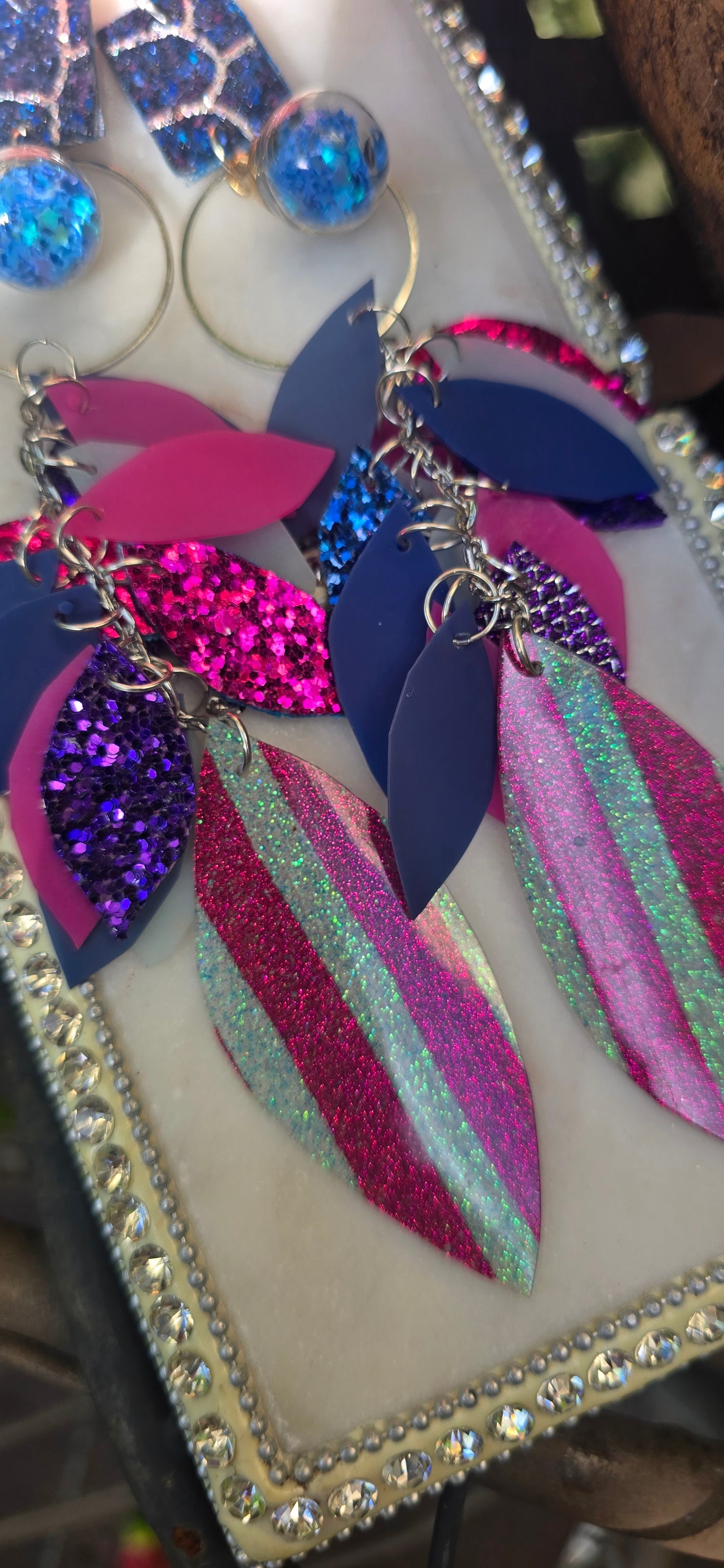 Mina - Blue Pink Sparkly Teardrop Chandelier Earrings - Shop Moxxc