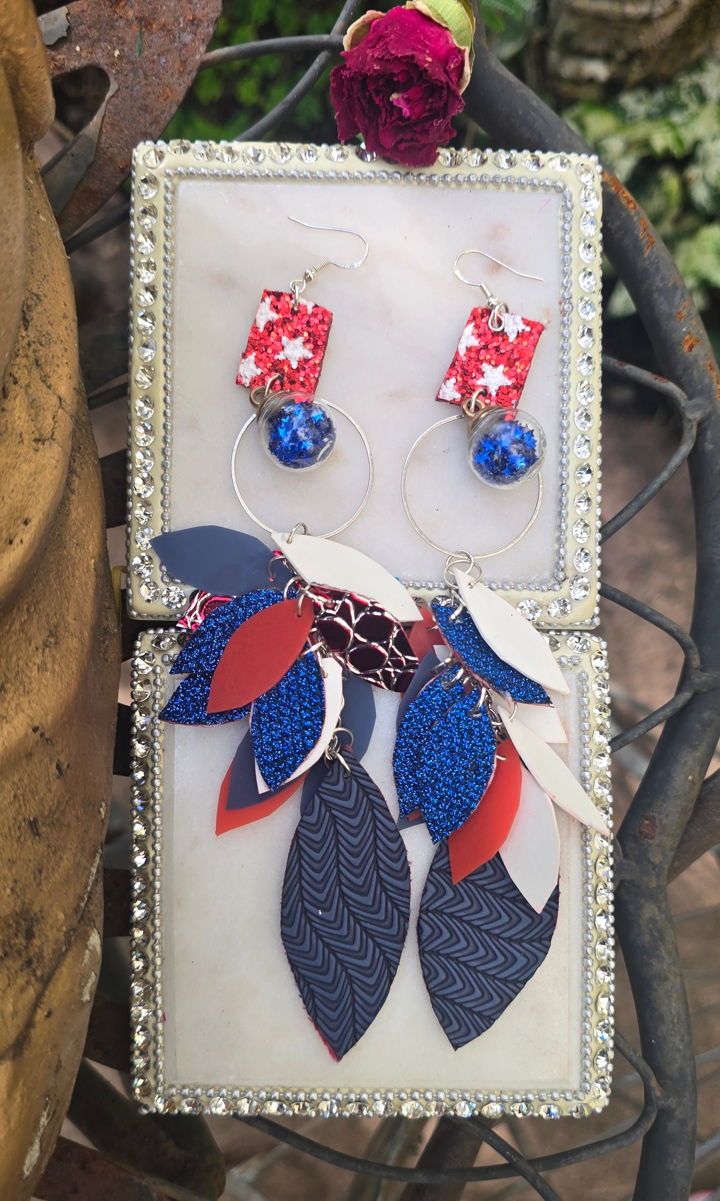Vickie - Red Blue Star Teardrop Chandelier Earrings - Shop Moxxc