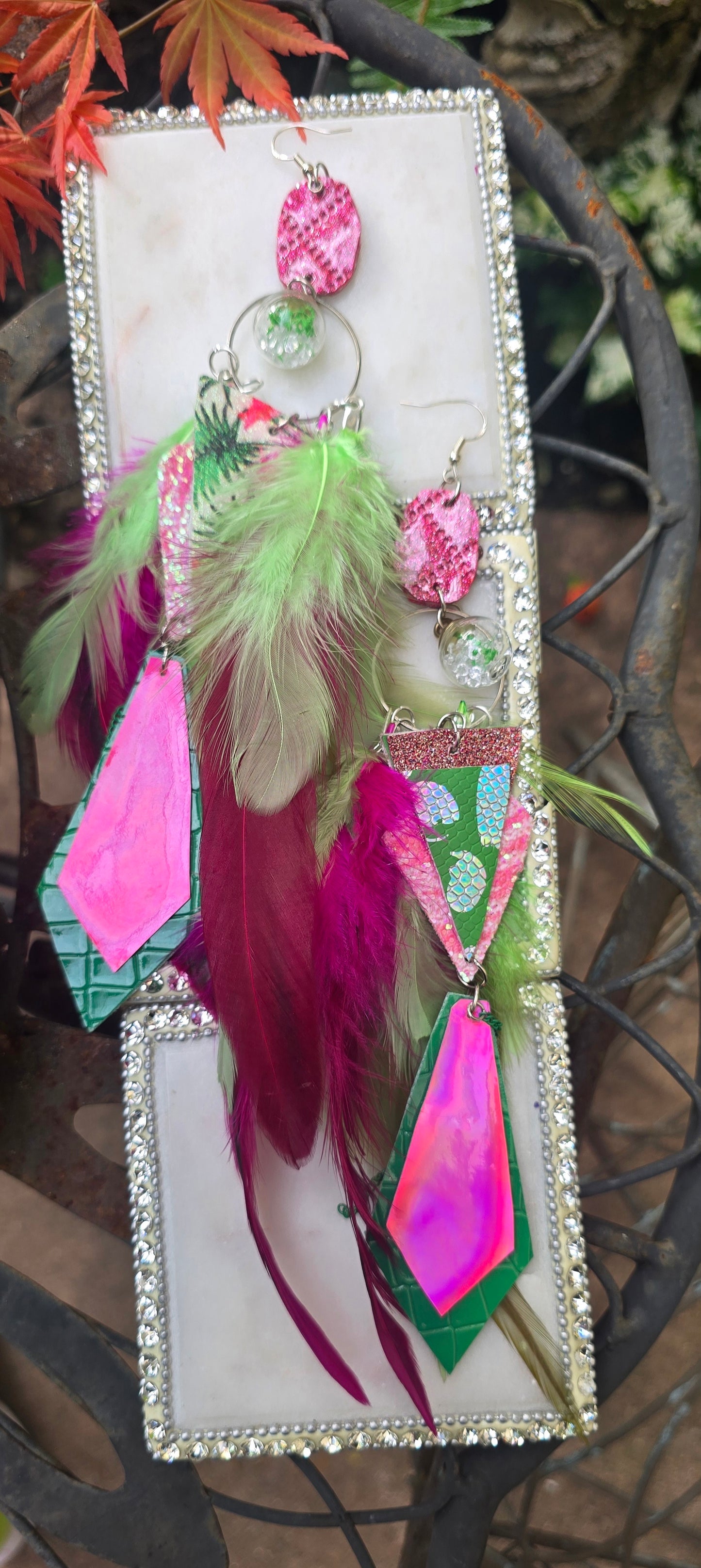 Emma - Hot Pink Green Feather Earrings - Shop Moxxc
