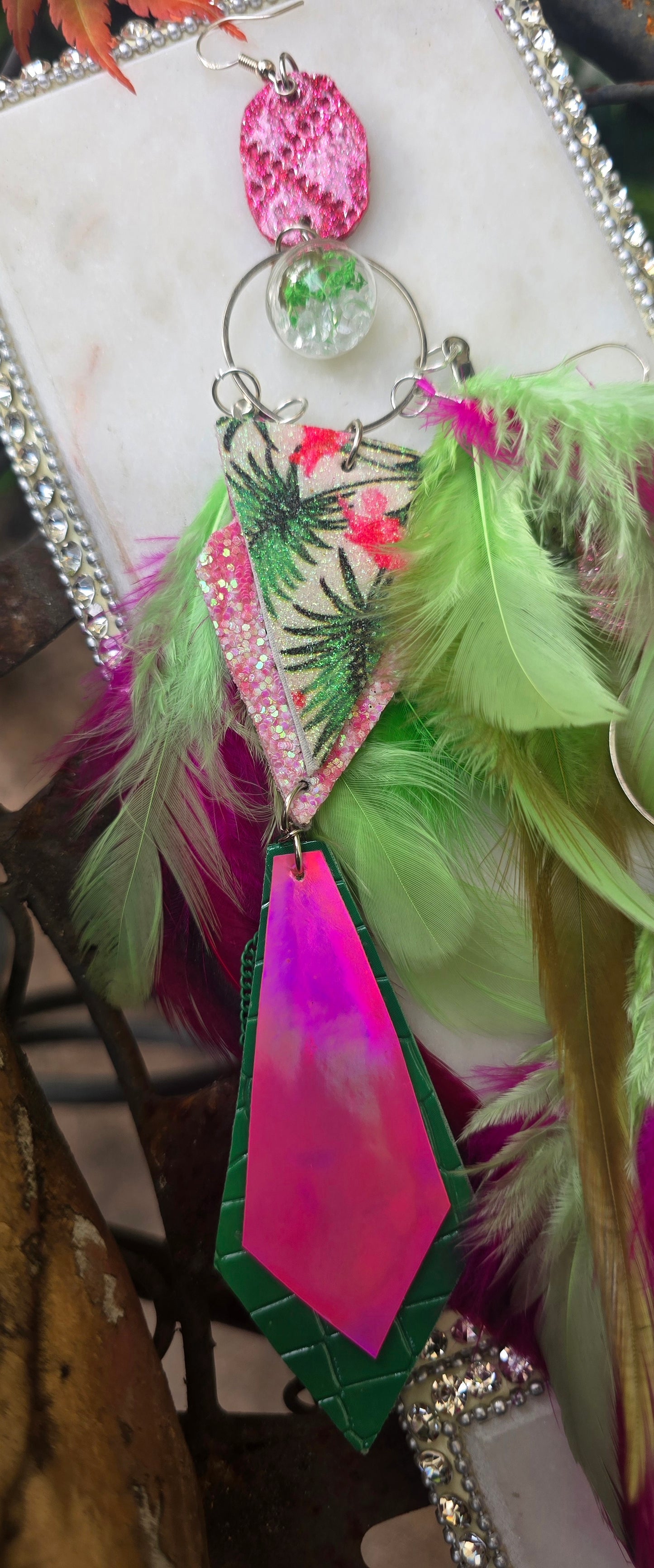 Emma - Hot Pink Green Feather Earrings - Shop Moxxc