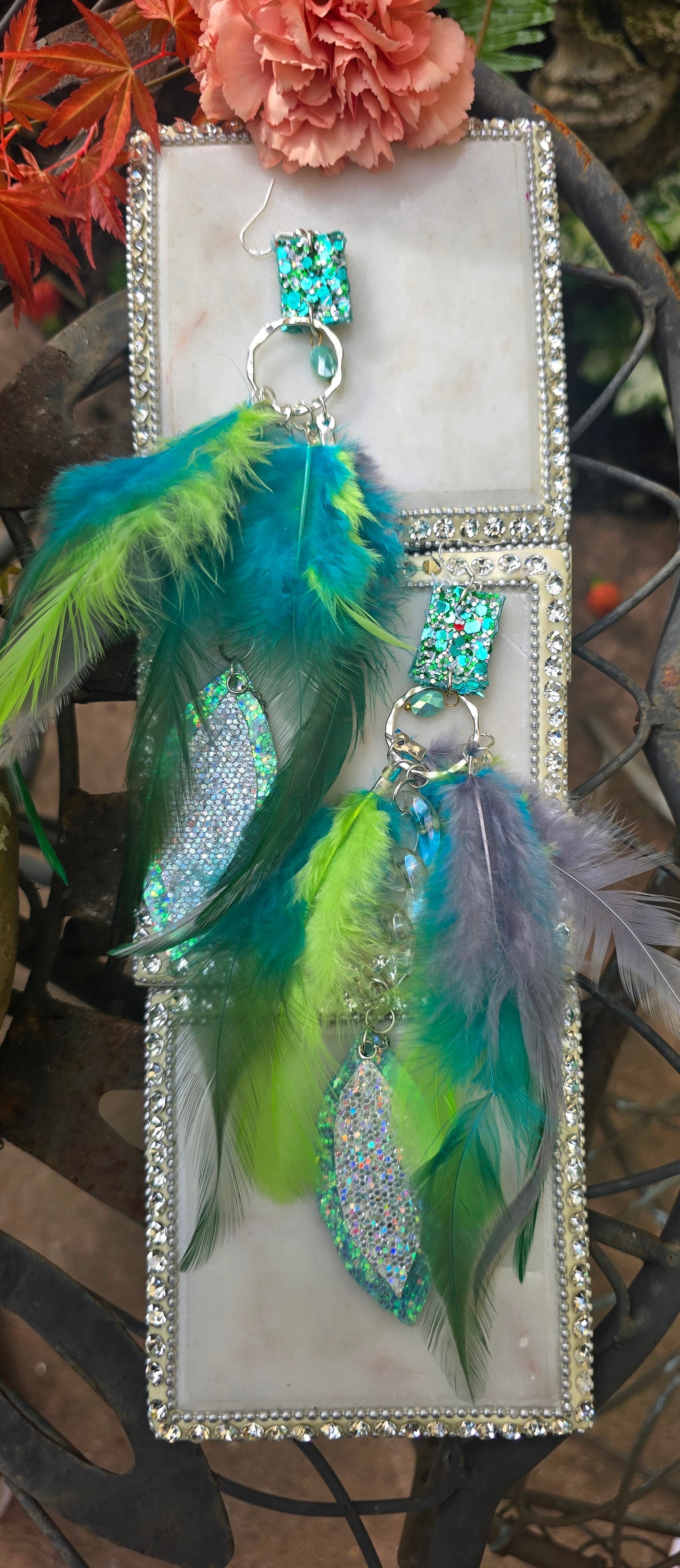 Heidi - Turquoise Glittery Feather Earrings - Shop Moxxc