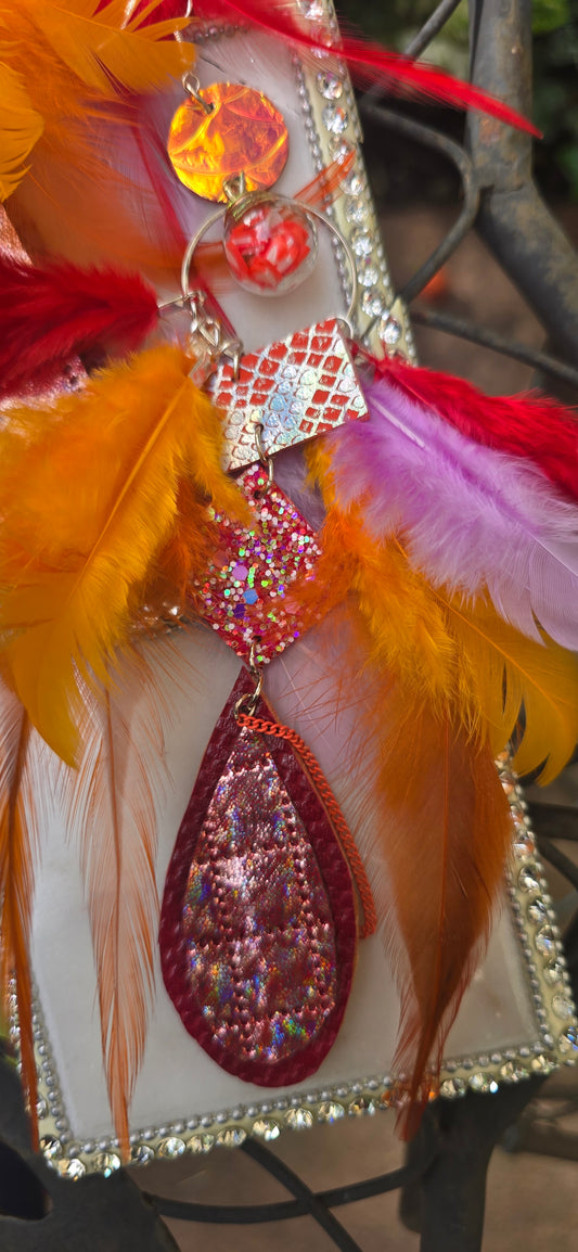 Jordan - Orange Festival Feather Earrings - Shop Moxxc