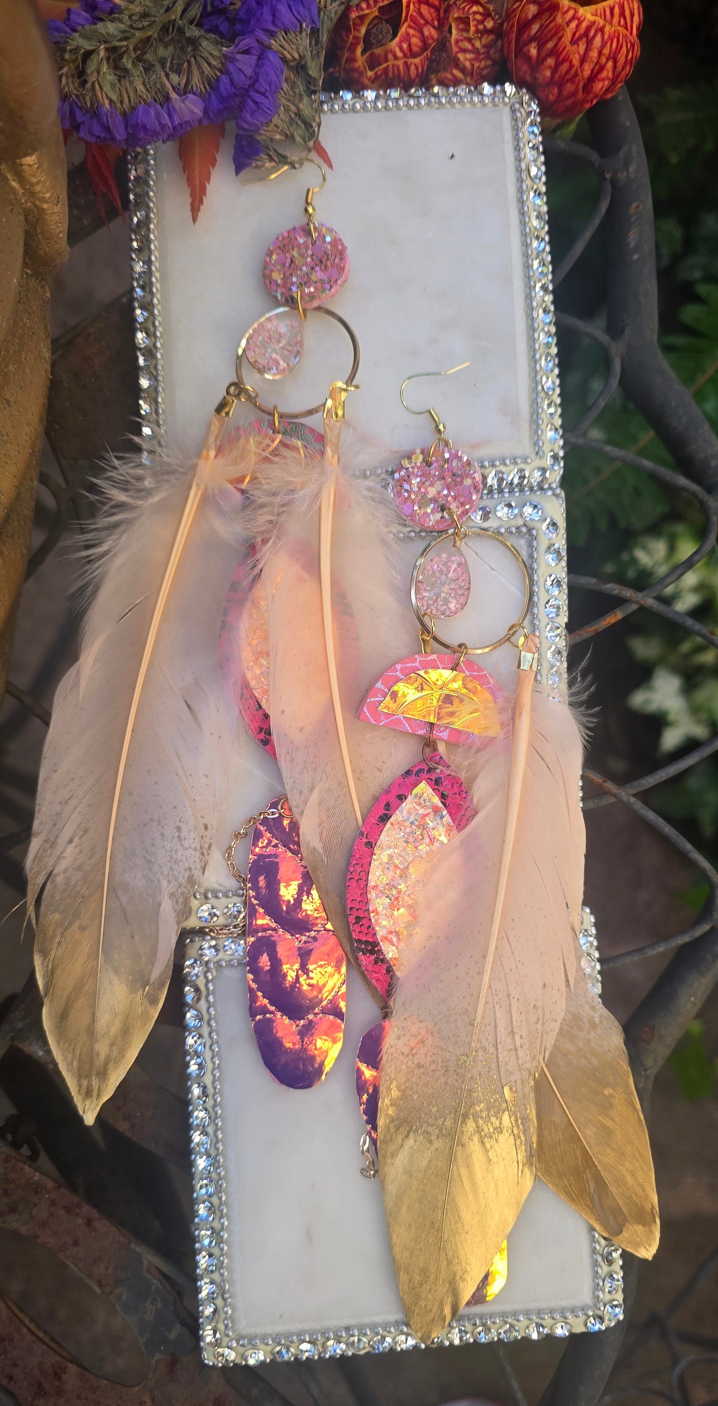 Mahogany - Pink Iridescent Boho Feather Earrings - Shop Moxxc