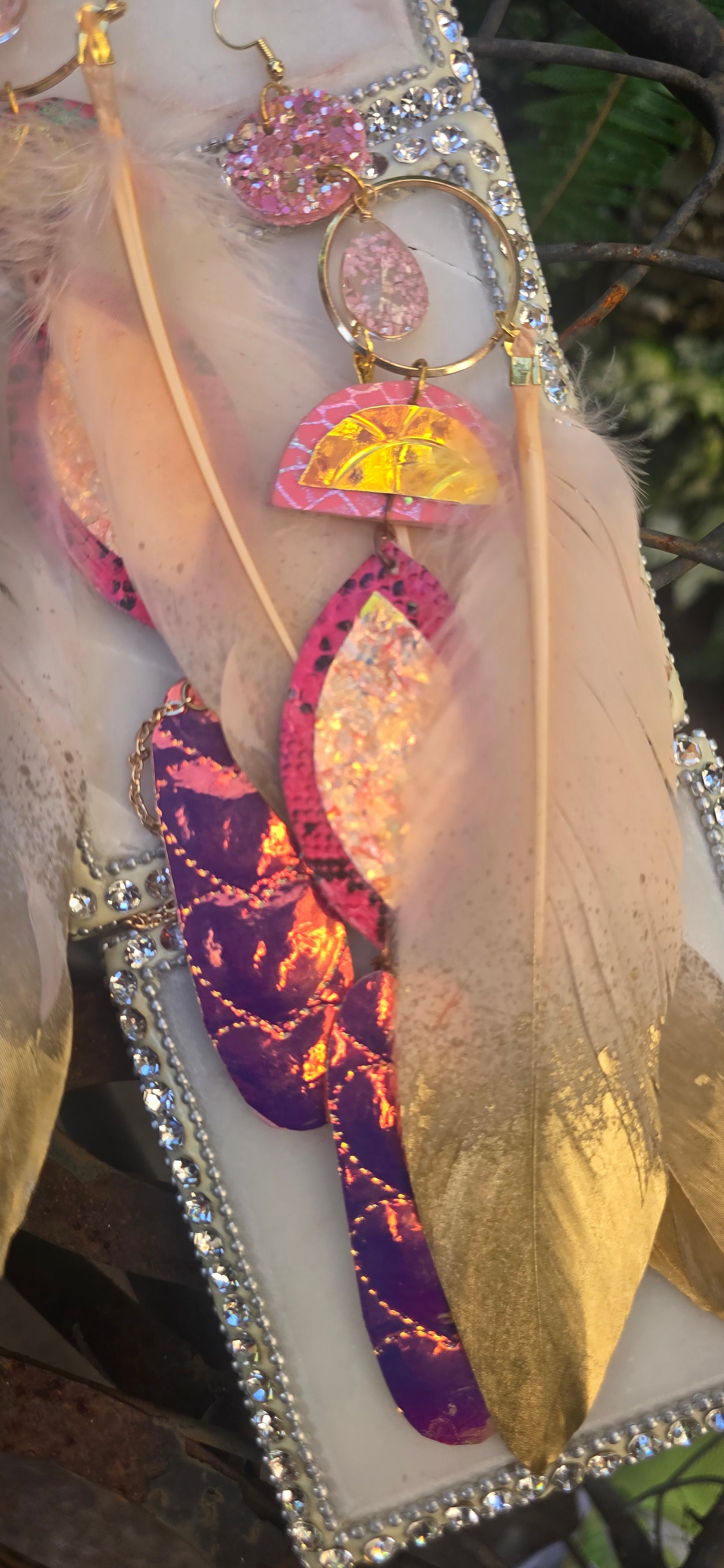 Mahogany - Pink Iridescent Boho Feather Earrings - Shop Moxxc