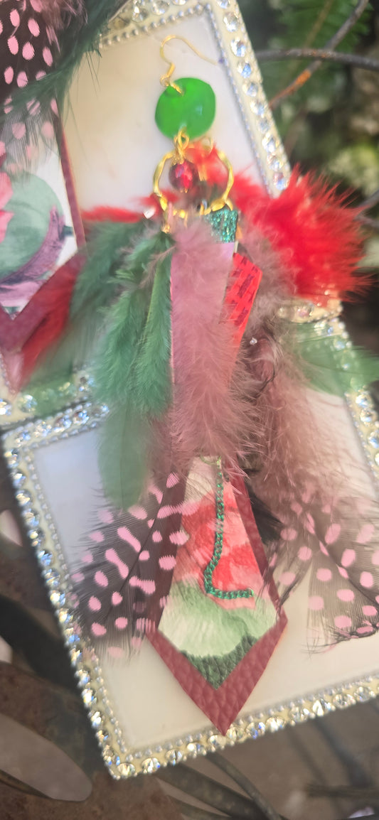 JoAnna - Red Pink Feather Earrings - Shop Moxxc