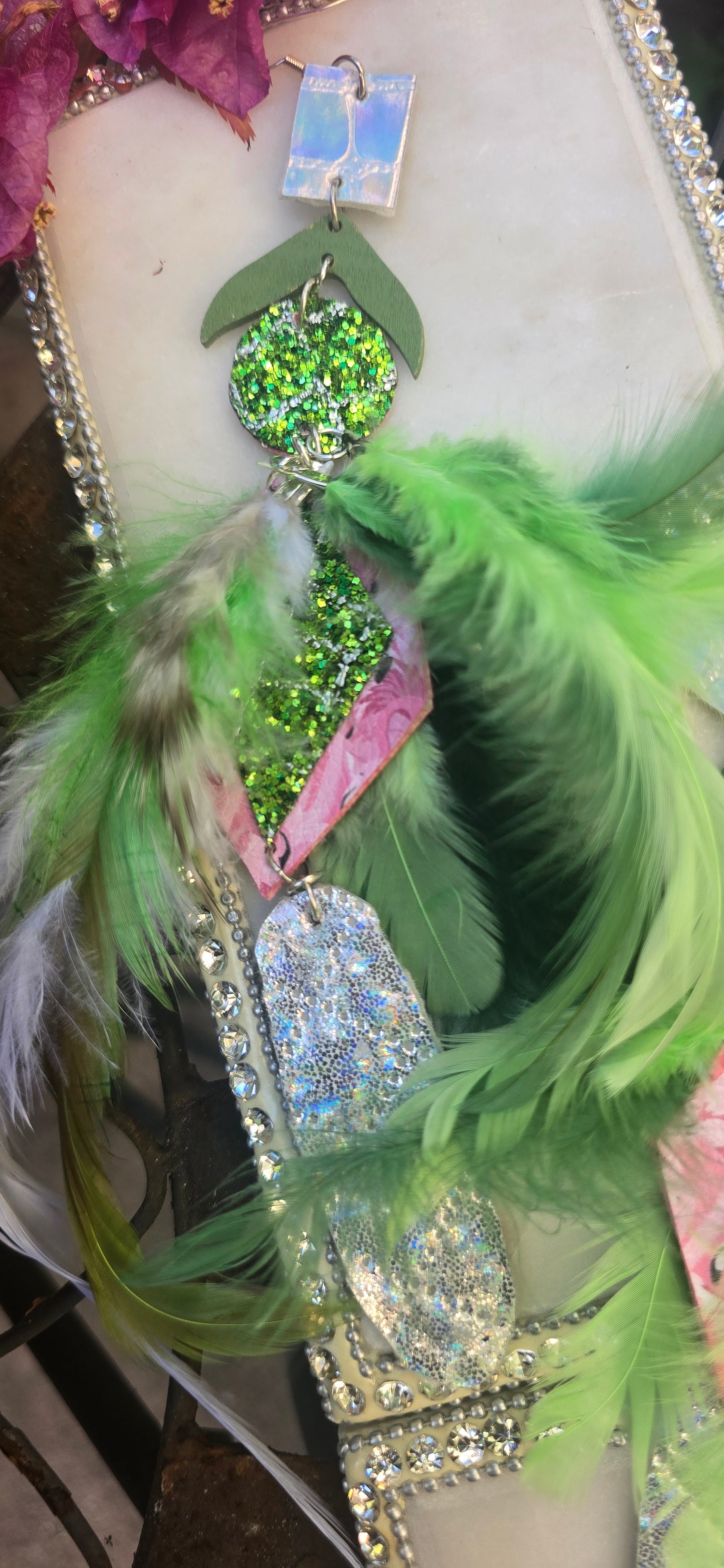 Mia - Green Flamingo Feather Earrings - Shop Moxxc