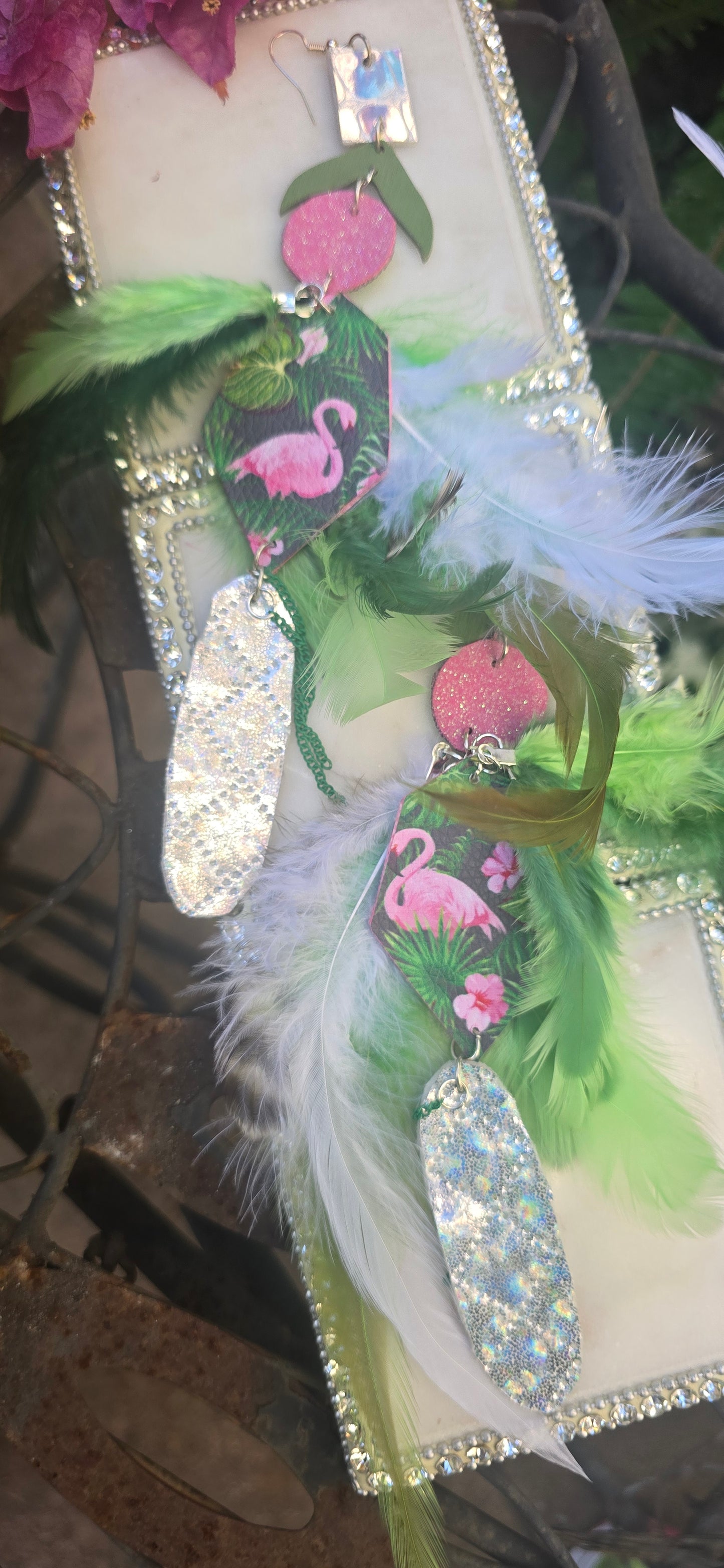 Mia - Green Flamingo Feather Earrings - Shop Moxxc