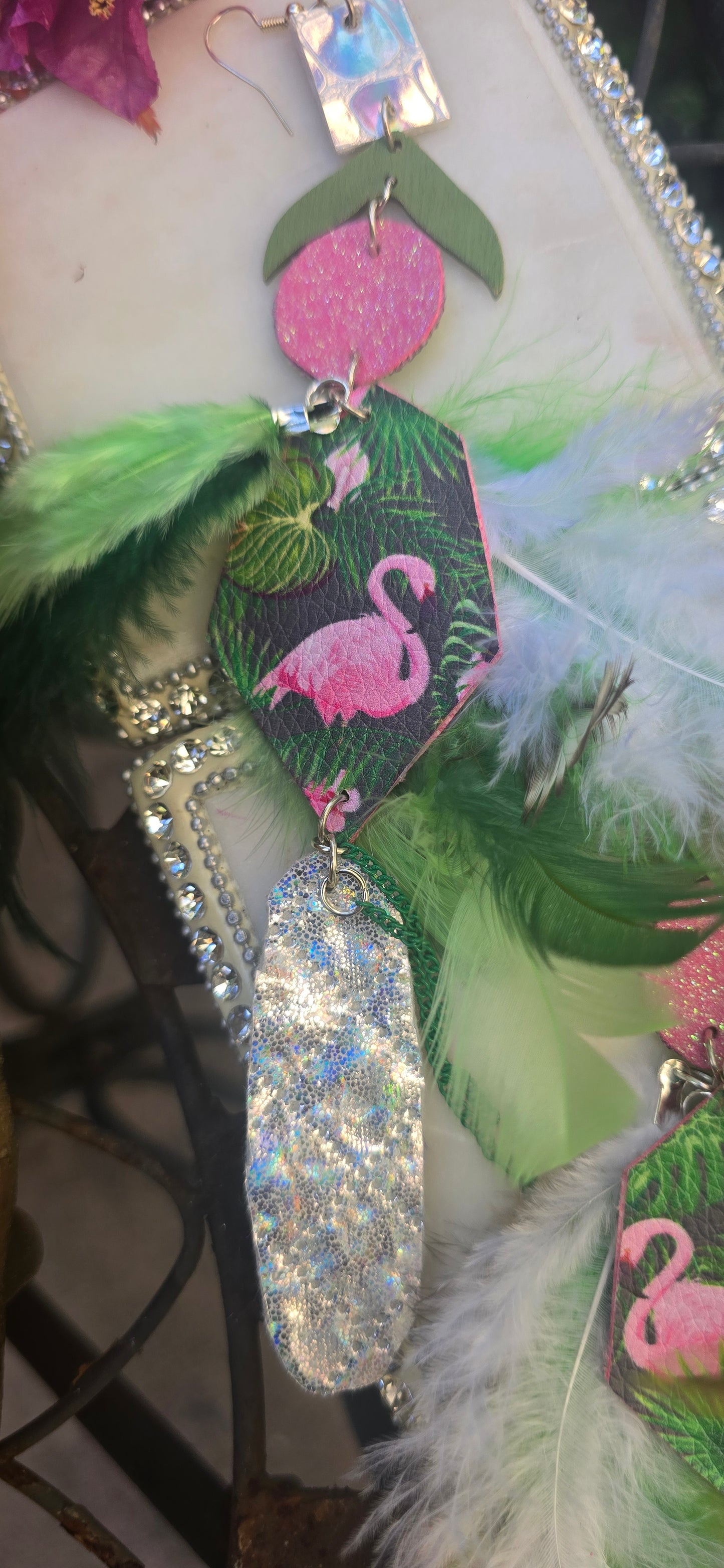 Mia - Green Flamingo Feather Earrings - Shop Moxxc