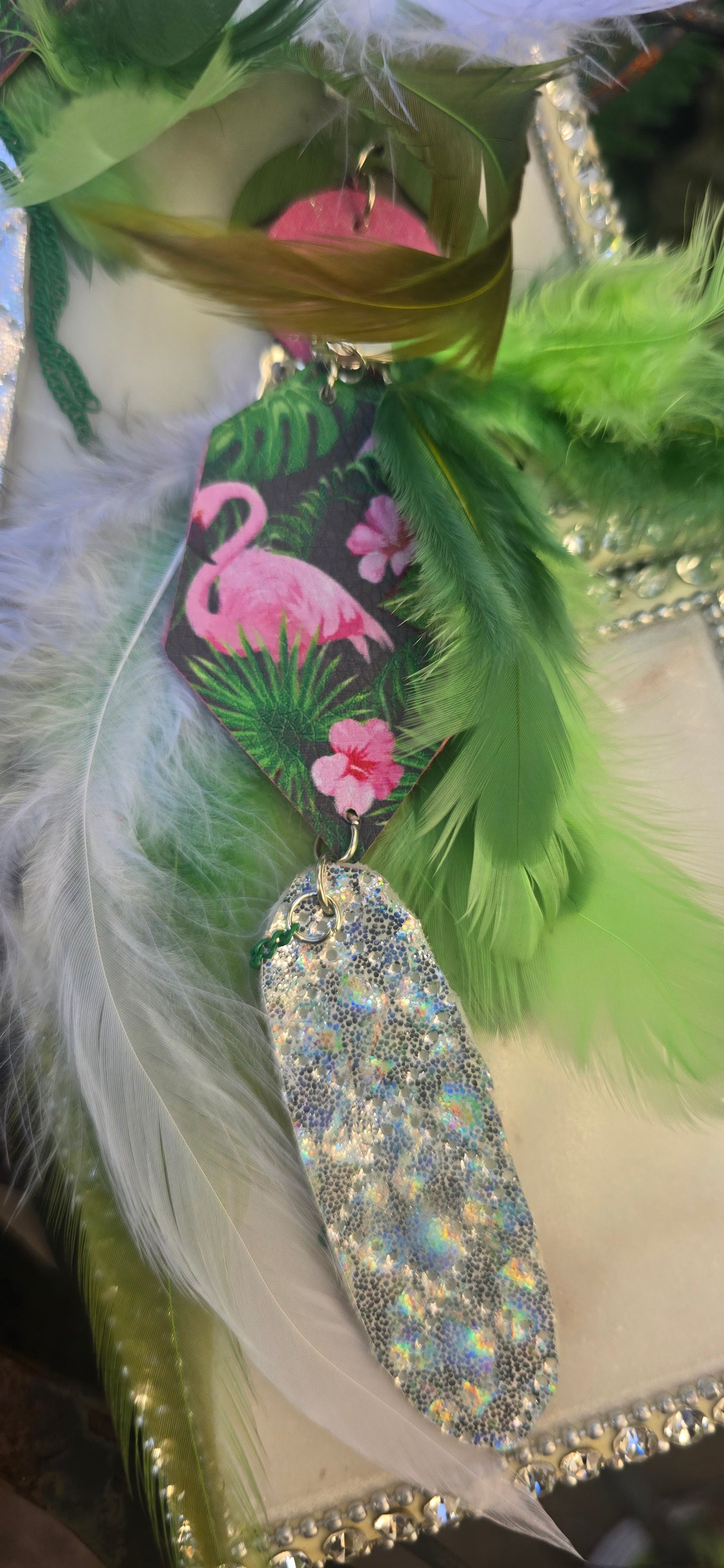 Mia - Green Flamingo Feather Earrings - Shop Moxxc