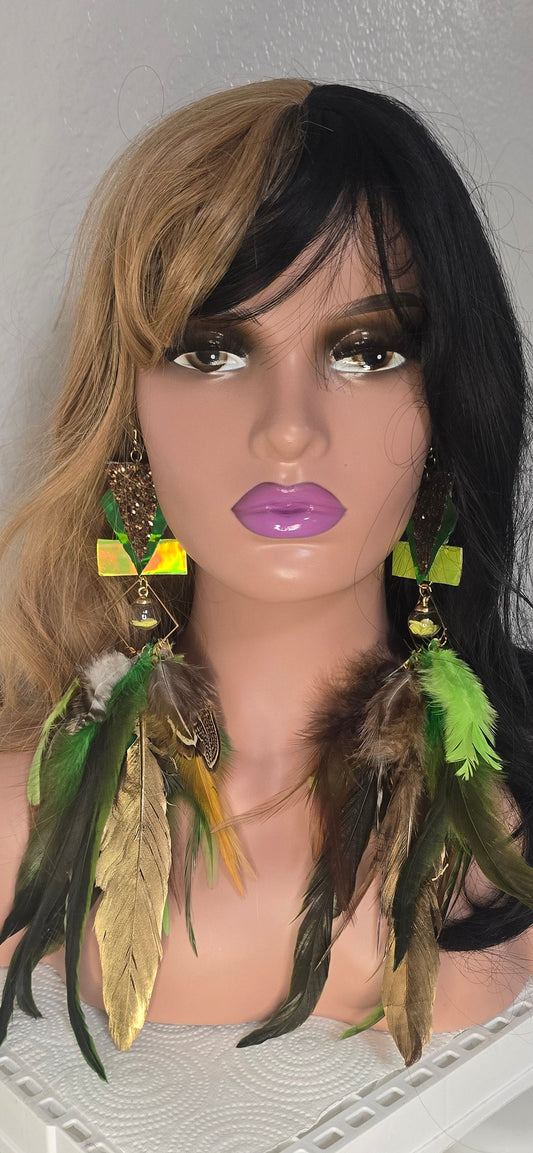 Diane - Green Statement Festival Feather Earrings - Shop Moxxc