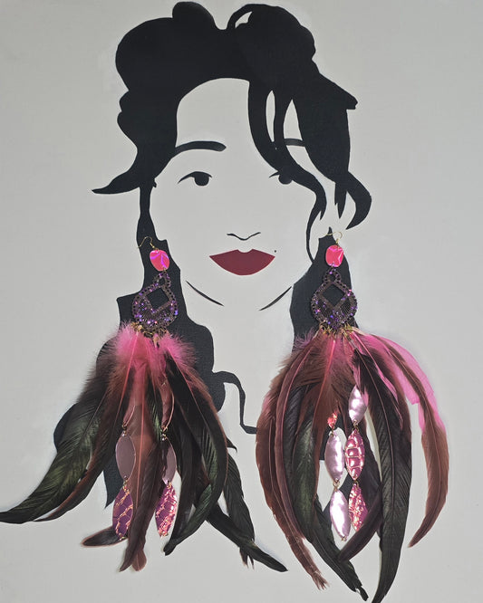 Kalina - Long Pink Festival Feather Earrings - Shop Moxxc