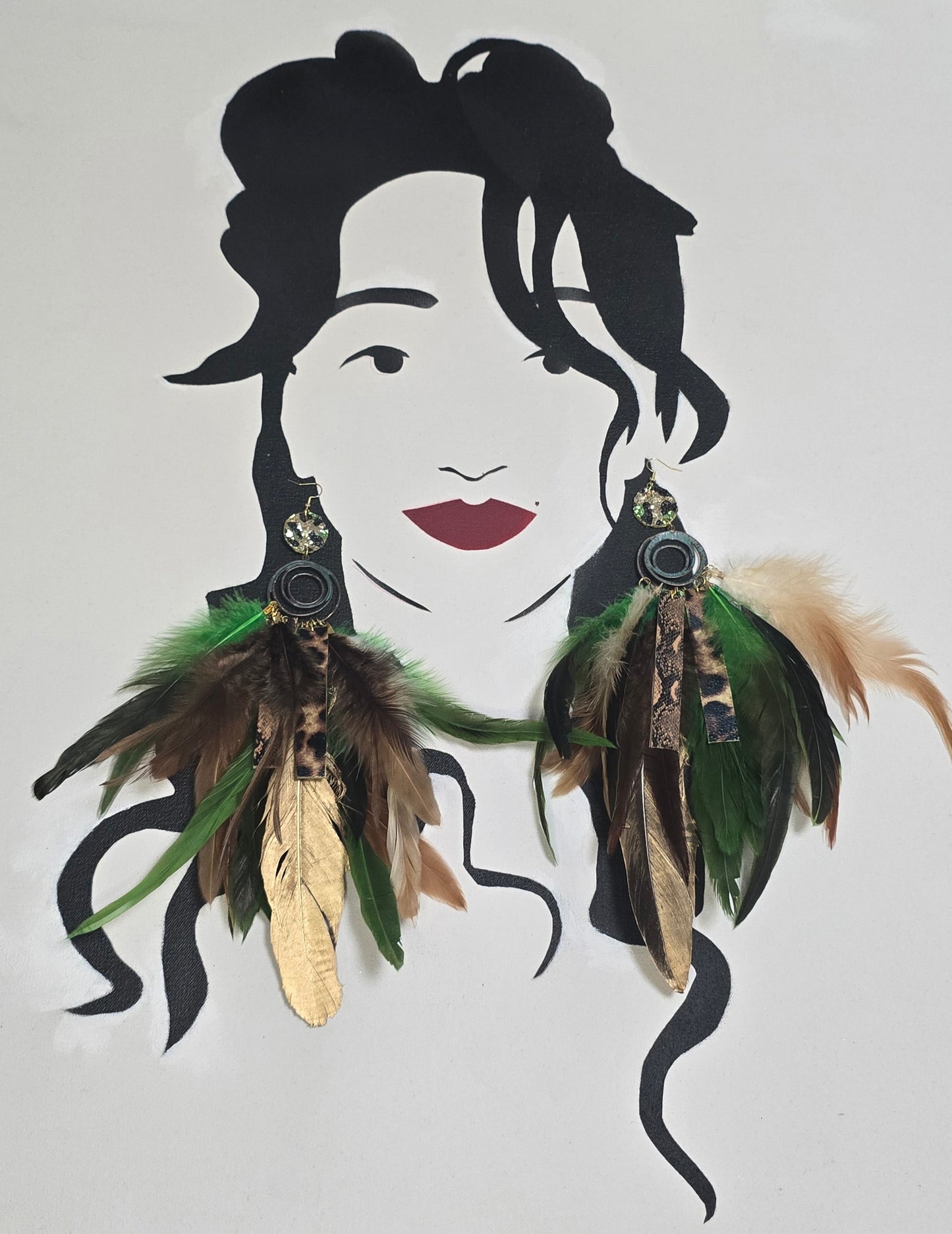 Melissa - Green Animal Print Feather Earrings - Shop Moxxc