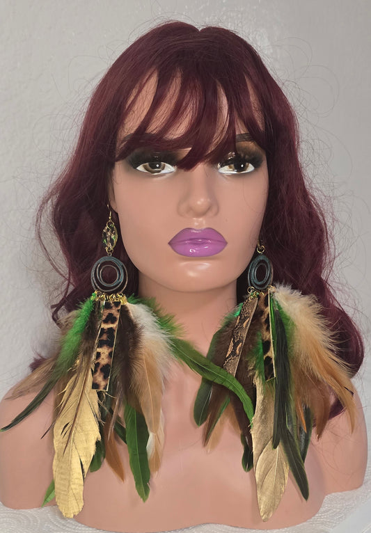 Melissa - Green Animal Print Feather Earrings - Shop Moxxc