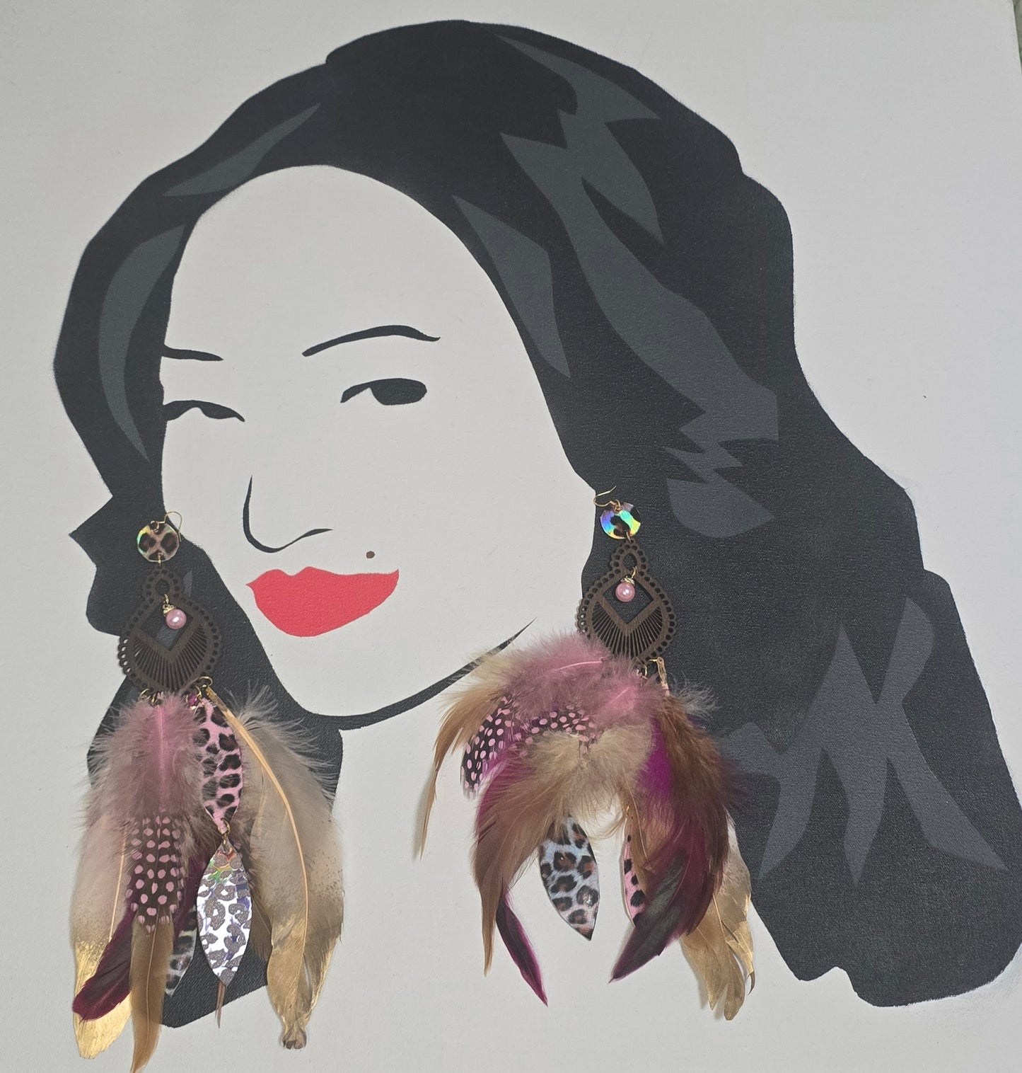 Layla - Pink Animal Print Long Feather Earrings - Shop Moxxc