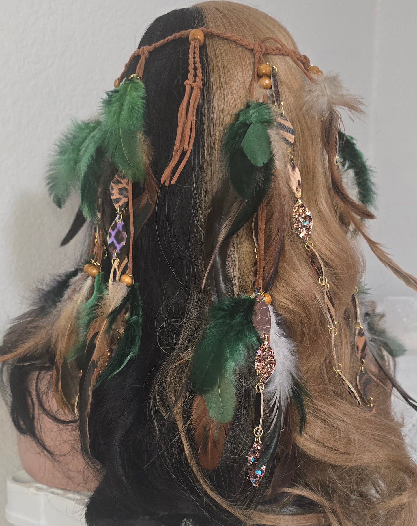 Mandy - Green Animal Print Feather Headpiece - Shop Moxxc