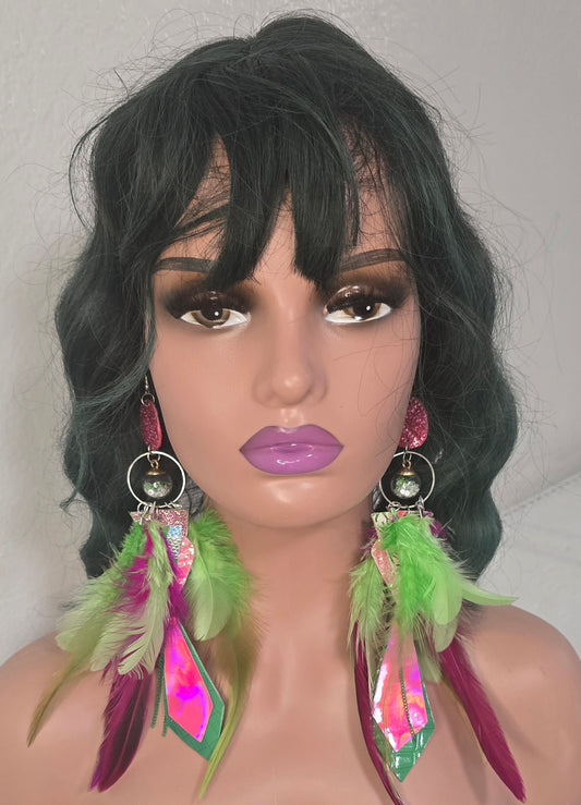 Emma - Hot Pink Green Feather Earrings - Shop Moxxc