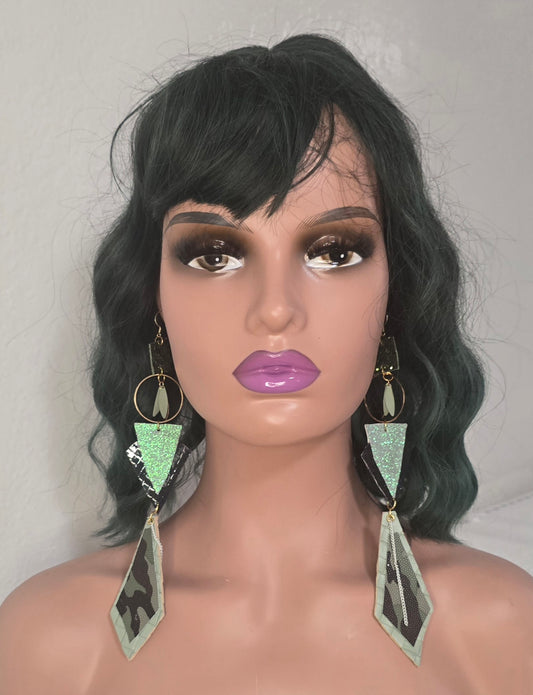 Vanessa - Green Glittery Geometric Camo Dangle Earrings - Shop Moxxc
