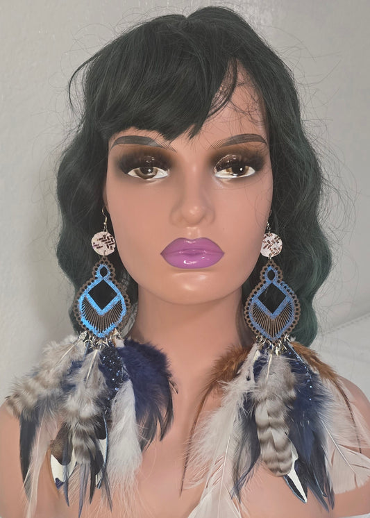 Shelly - Boho Festival Blue Feather Earrings - Shop Moxxc