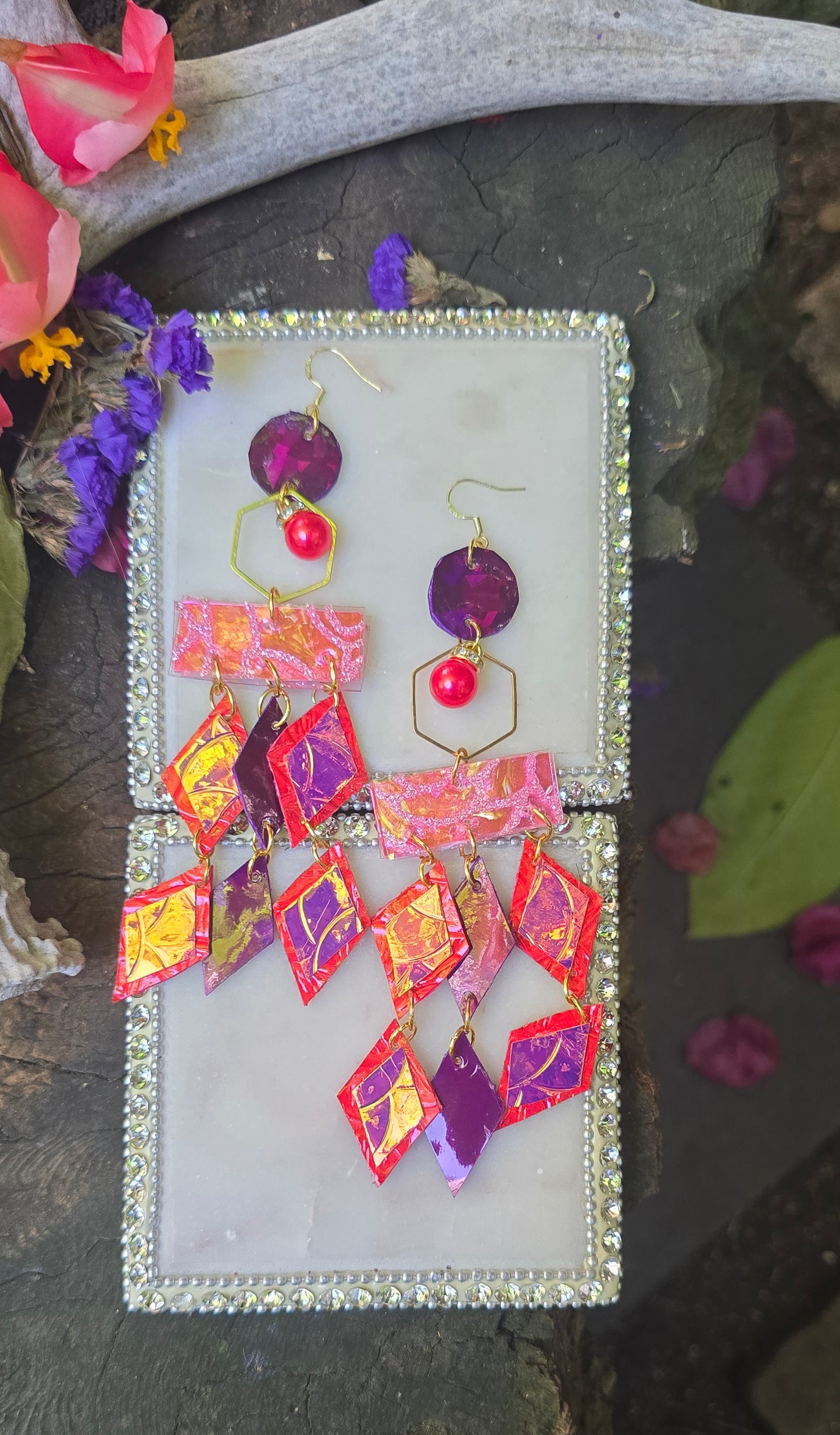 Mary - Pink Red Geometric Chandelier Earrings