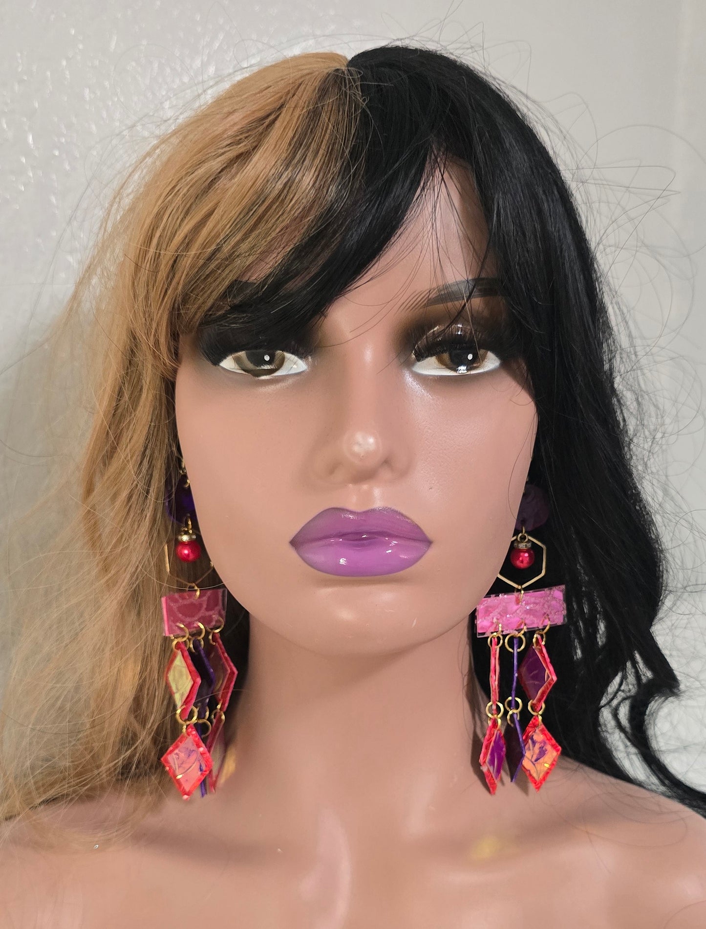 Mary - Pink Red Geometric Chandelier Earrings